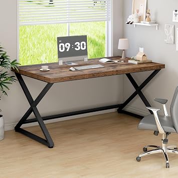 IBF Rustic Brown Computer Desk, Farmhouse Home Office Desk, Industrial Wood Metal Legs Work Desk for Writing Study, Vintage Minimalist Laptop Executive Workstation PC Gaming Table in Bedroom, 140 CM | Wooden Oak Desk Computer Desk Office Table Small for Gaming PC Office Home Office Study