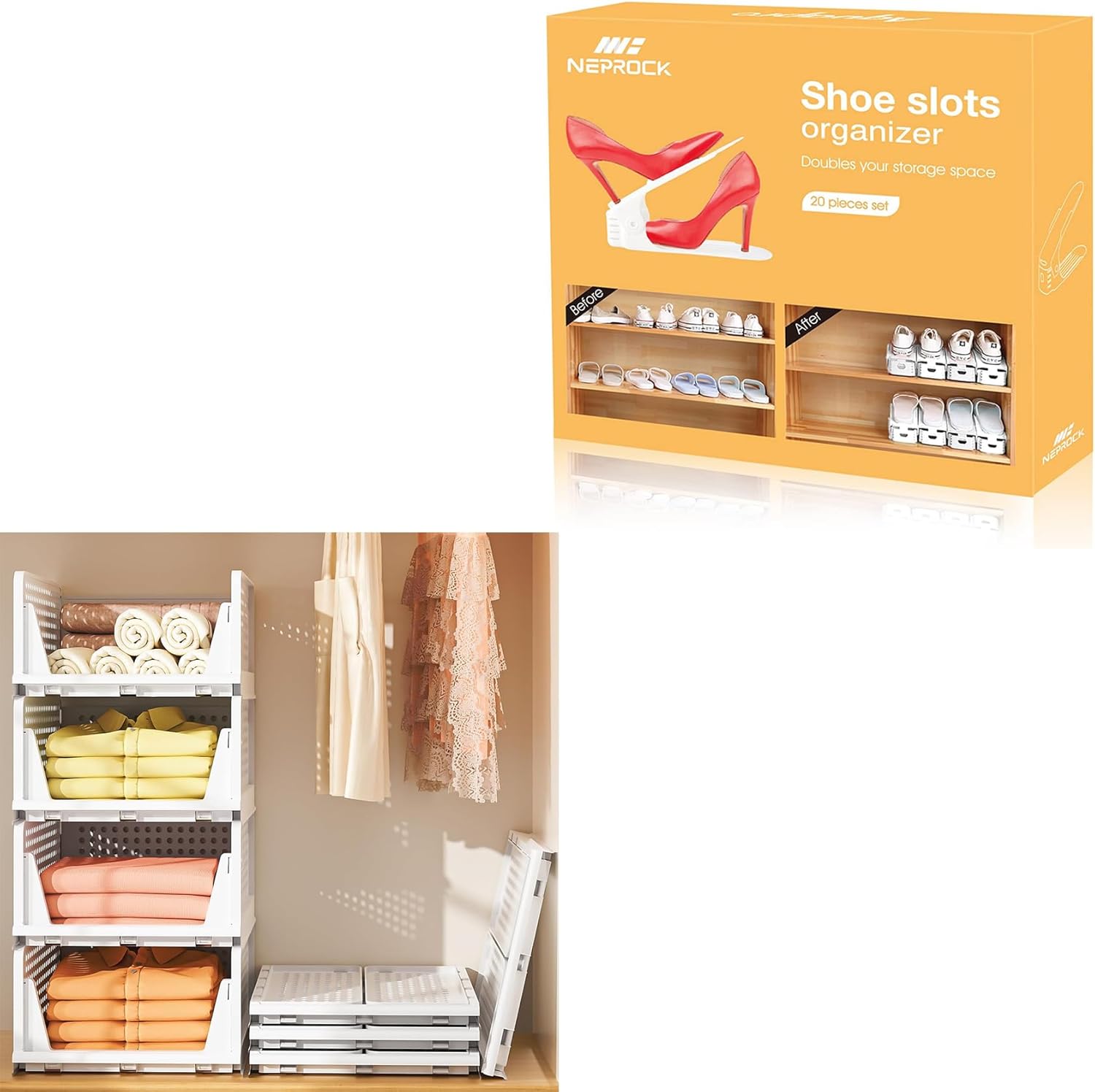 Neprock 20-Pack White Shoe Slots Organizer Bundle with 4L Strackable Plastic Storage Drawers