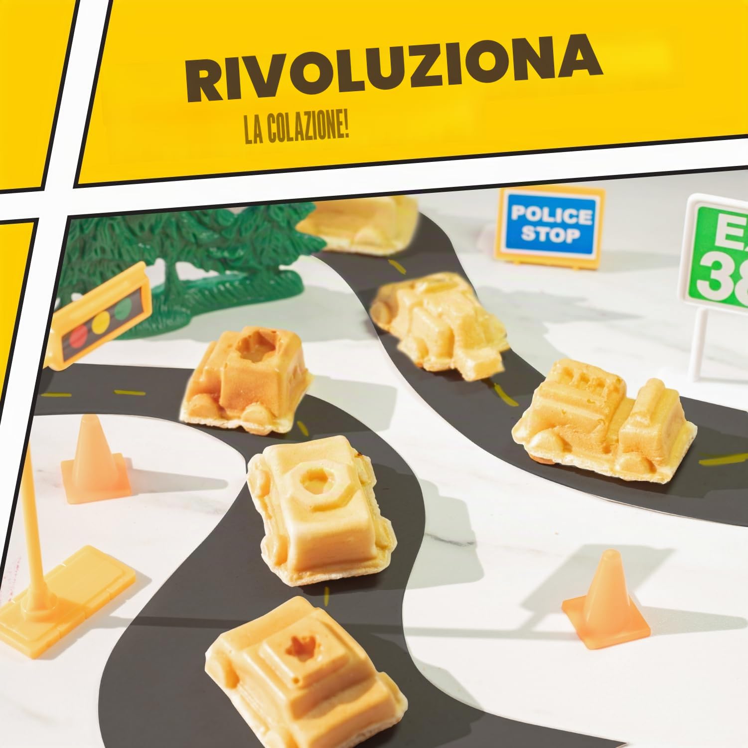 Cars & Trucks - Mini macchina per waffle – per realizzare 7 diversi veicoli, auto della polizia, camion dei pompieri, camion e pancake a forma di automobile, ferro elettrico antiaderente con guida
