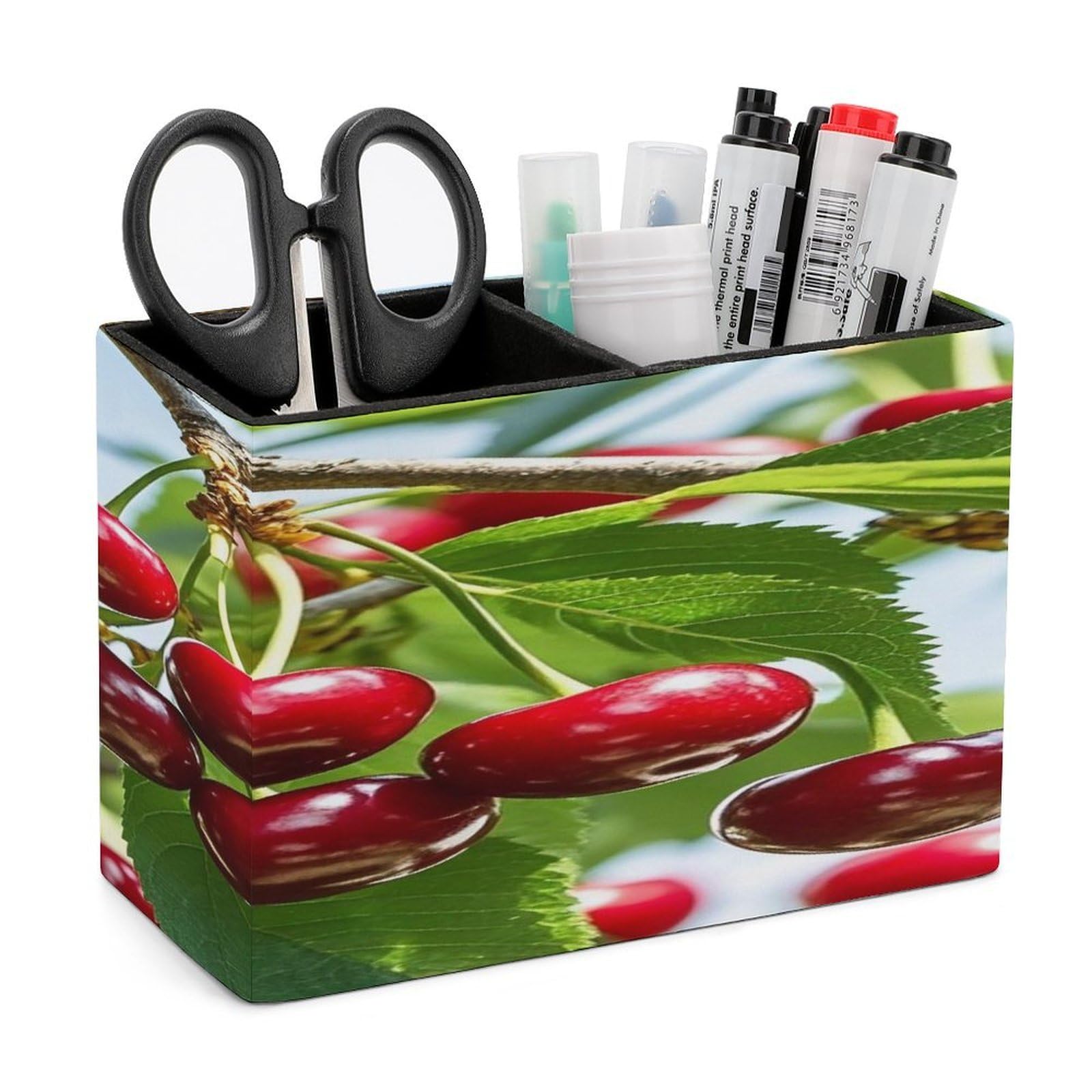 LZQPOEAS Cute Cherry Leather Pen Holder with 2 Compartments Luxury Pencil Holder Minimalist Pencil Cup Brush Scissor Holders Elegant Pen Cup for Office Home Desk Accessories