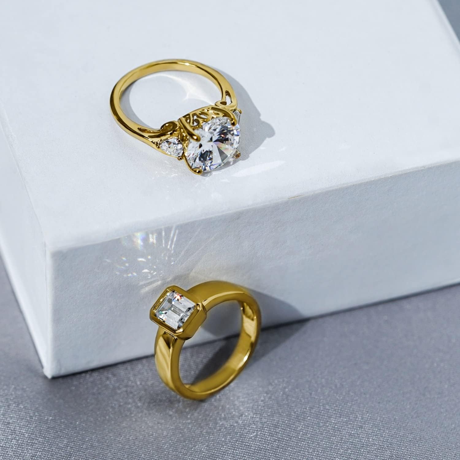 DIAMONBLISS Yellow Gold Plated Sterling Silver Clear Emerald Cubic Zirconia Bezel Engagement Ring