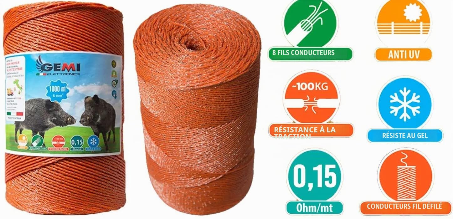 Gemi Fil de clôture électrique 1000 m 6 mm² pour animaux d'élevage et protection des jardins