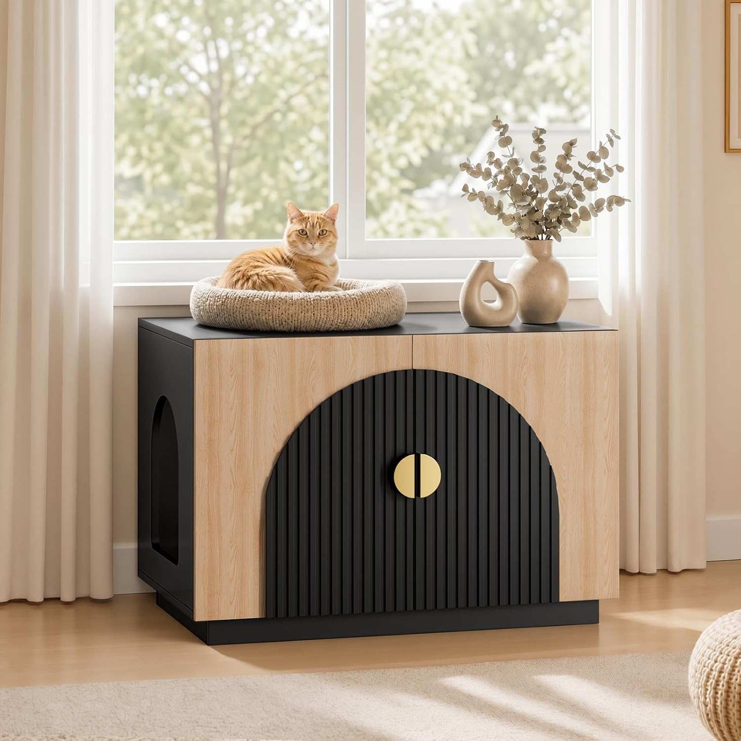 Amunrbrek Cat Litter Box Enclosure, 31.5" Arched Fluted Black and Natural | Large Wooden Cat House Furniture with Soft-Close Doors, Ventilation, Multi-Functional Side Table for Indoor Cats