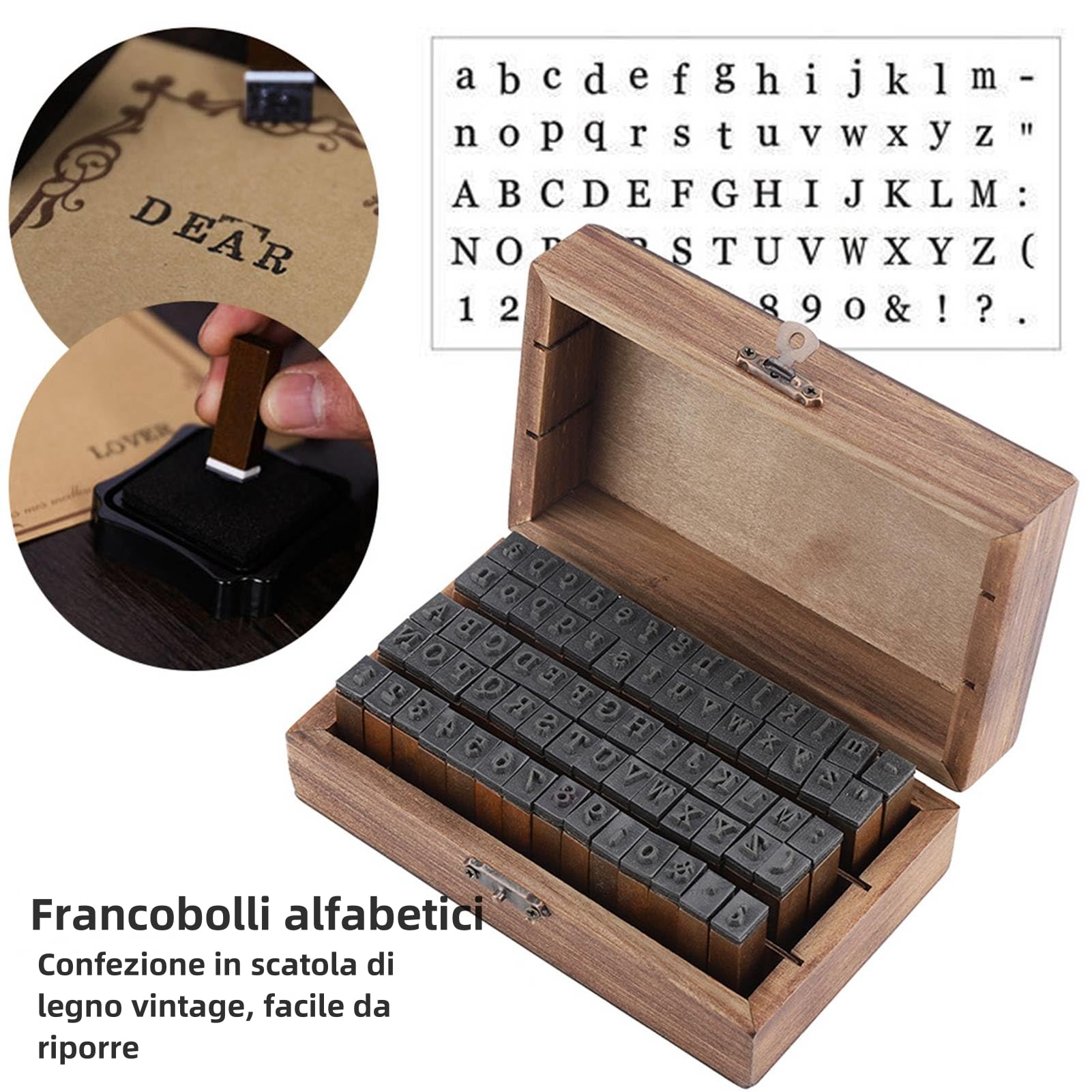 Set di Timbri Decorativi in Legno con Numeri e Lettere – Con Scatola per il Ripostiglio, Ideale per Cartoline, Disegni e Lavoretti con l'Argilla, Perfetto per Bambini