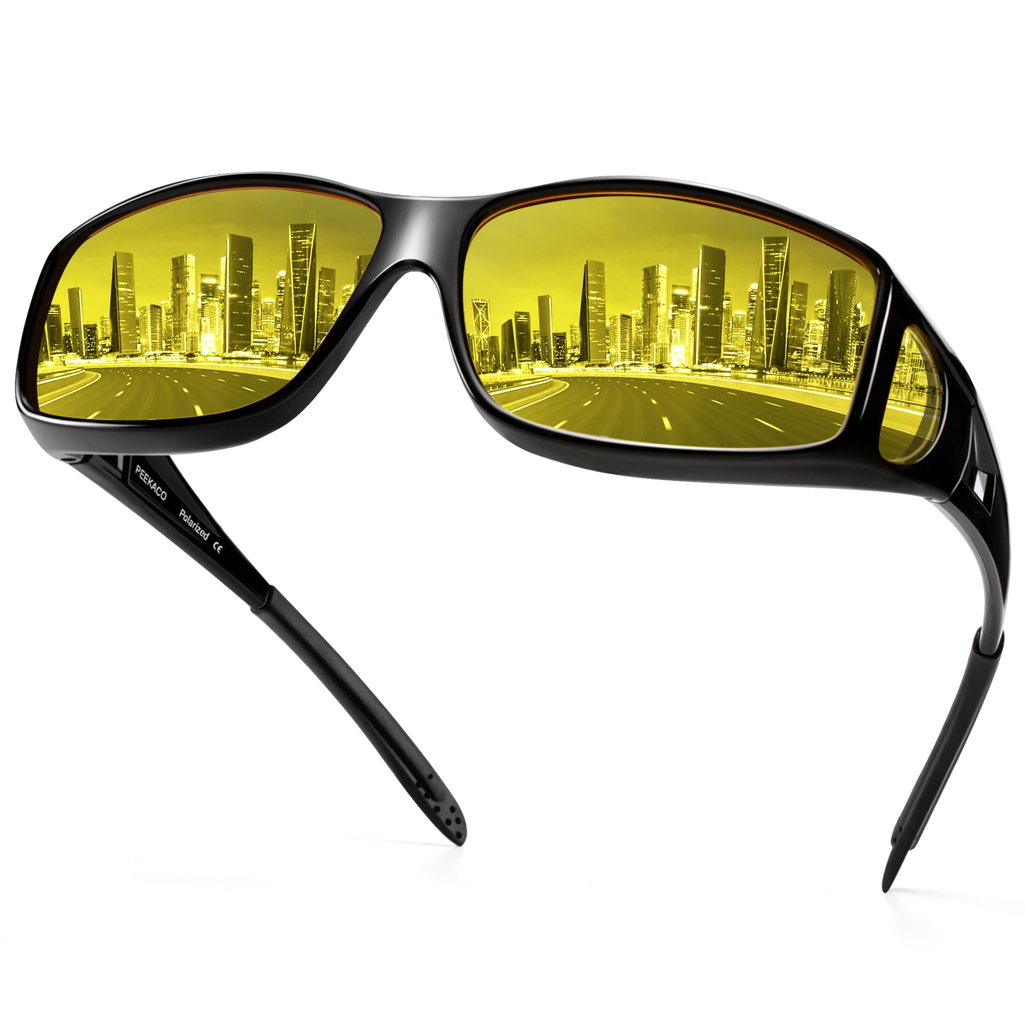 Nachtfahrbrille passt über verschreibungspflichtige Brillen, blendfrei, polarisiert, Wickel-Nachtsichtbrille für Männer und Frauen, A01 glänzender schwarzer Rahmen // Nachtsichtlinse, A03 Glossy Black