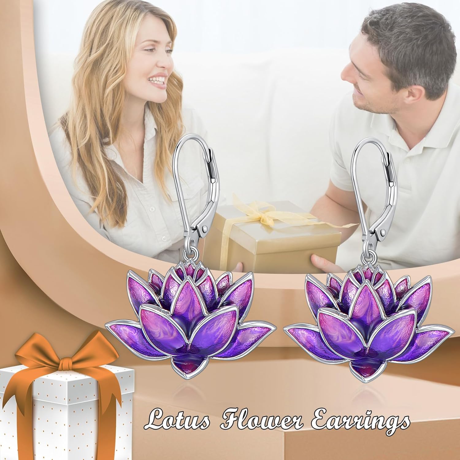 Lotus Dangle Earrings Purple Enamel Lotus Earrings Christmas Jewelry Gift for Women - Image 6