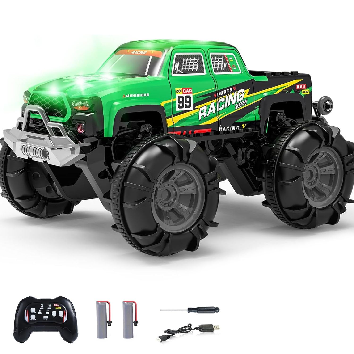 Auto RC anfibia per adulti, fuoristrada, trazione integrale, impermeabile, 7 luci, supporto con una sola chiave, 70 minuti di autonomia, regalo perfetto(Green)