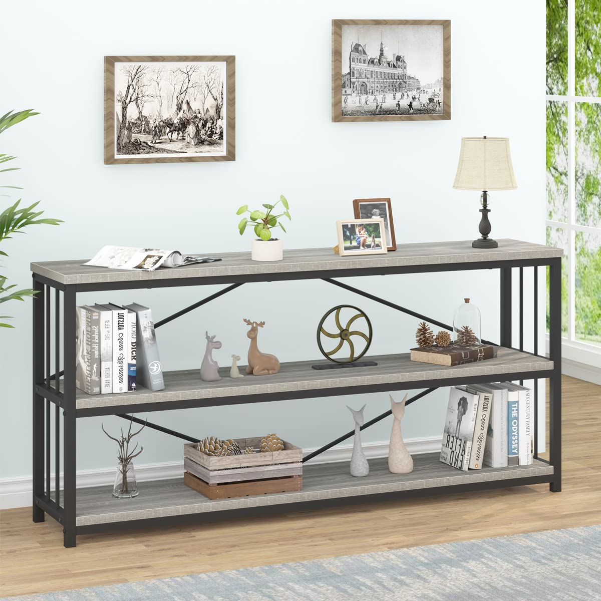 IBF Low Long Horizontal Bookshelf, Industrial Modern 3 Tier Etagere Bookcase, Large Wide Open Rustic Metal and Wood Grey Book Shelf for Bedroom Living Room Home Office Storage, Light Grey Oak, 63 Inch