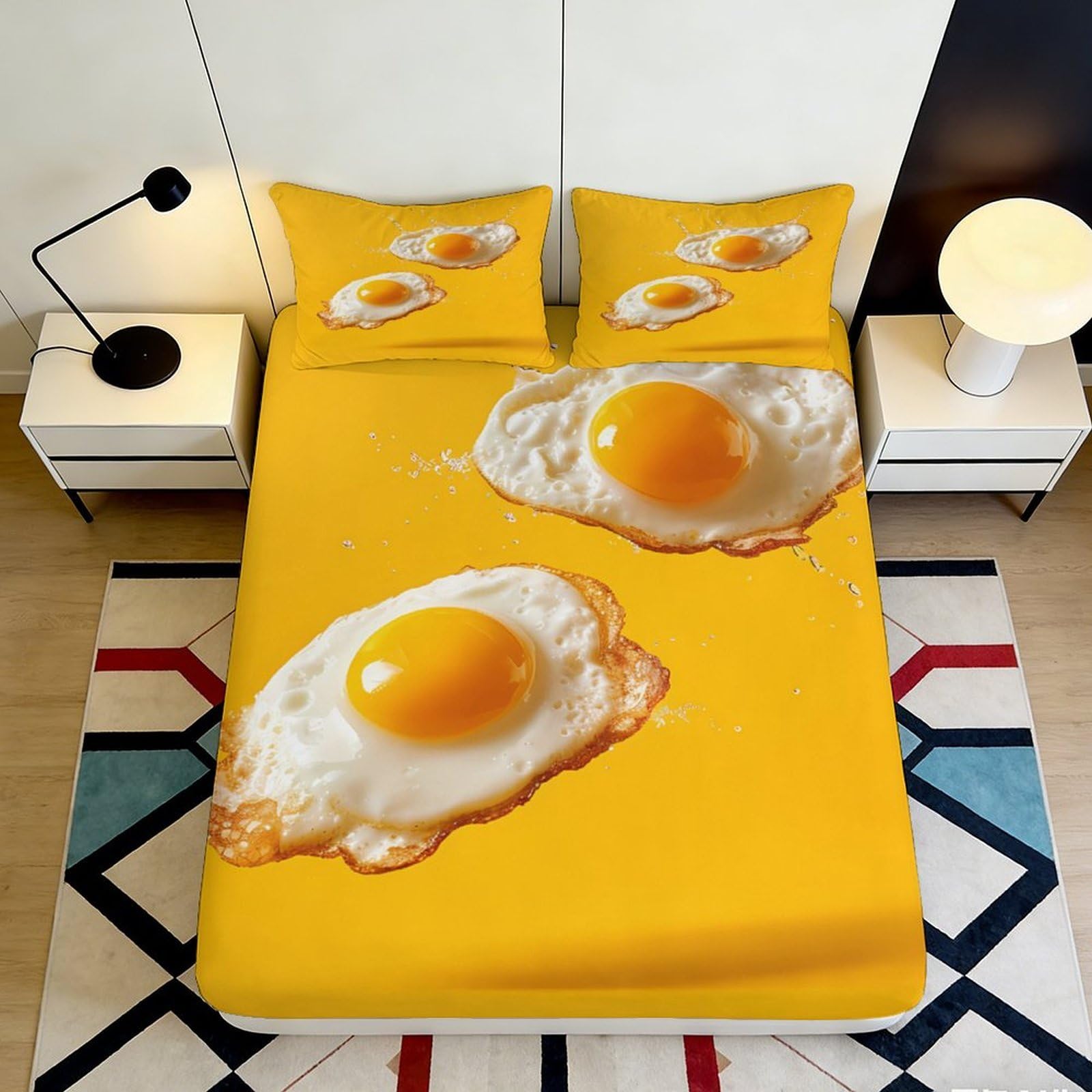 3D Printed Sunny Fried Egg Fitted Sheet Microfiber Soft Breathable Sunny Breakfast Bed Cover for Bedroom Dormitory Guest Room Mattress Protection 90x200x25cm