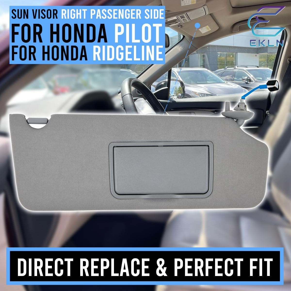 EKLN Sun Visor for Car Driver & Passenger Side Gray Sun Visor with Mirror and Light Fit for 2017-2021 Honda Pilot 2018-2020 Honda Ridgeline Replaces No 83280-TG7-A12ZB