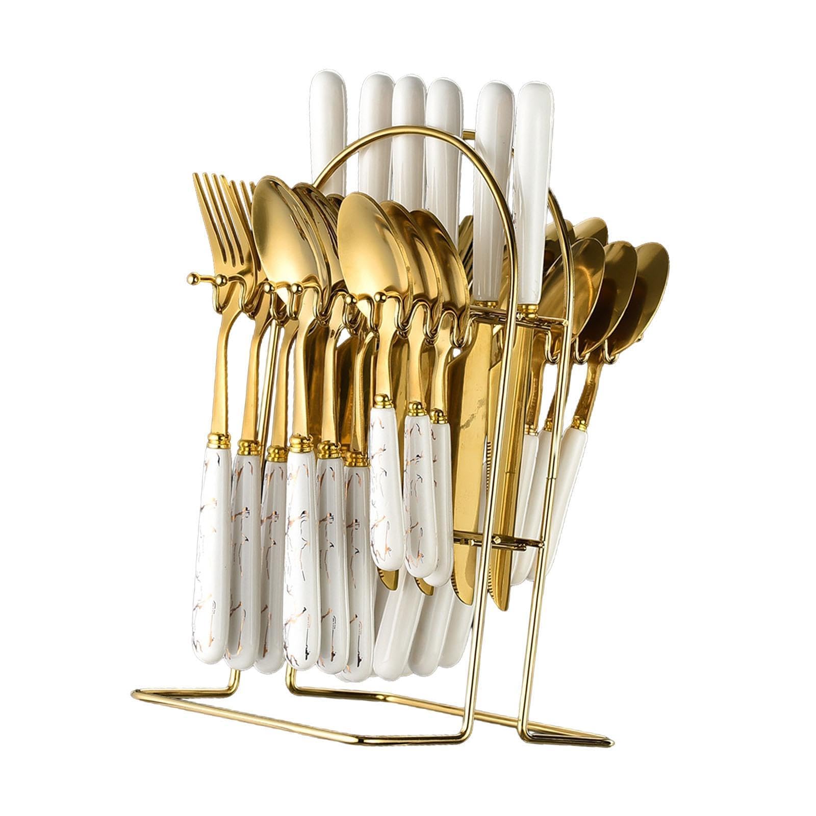 25 Piezas Vajilla de Cubiertos Acero Inoxidable Cerámica Ergonómica Pulido Soporte Colgante para Cenas Fiestas Y Hogar, Oro Blanco, Individual