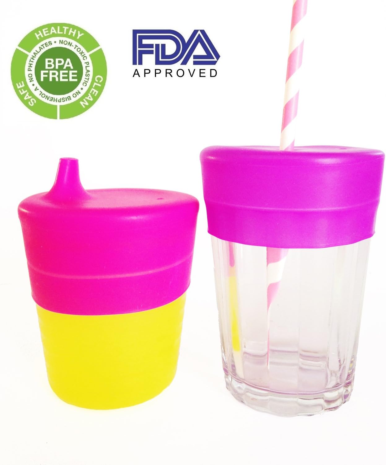 EASY SIPPERS - Turn almost any size cup/glass into a sippy cup (SET OF 2: 1 for straws & 1 with spout) Convenient, reusable, high quality, stretchable silicone lids. Avoid accidental & messy spills.