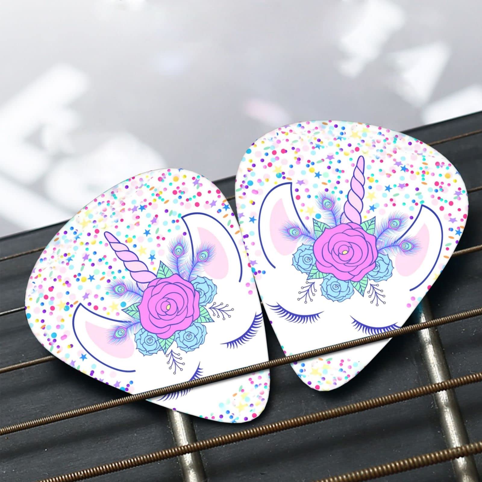 Photo 1 of 2 SETS - Cute Unicorn Ukulele Guitar Picks for Acoustic Guitar Band for Kids Girls Personalized Medium Thin Heavy Size 12pcs Bass Accessories One Size Cute Unicorn Color; AND, Cool Fire Skull Ukulele Guitar Picks for Acoustic Guitar Personalized Medium Th