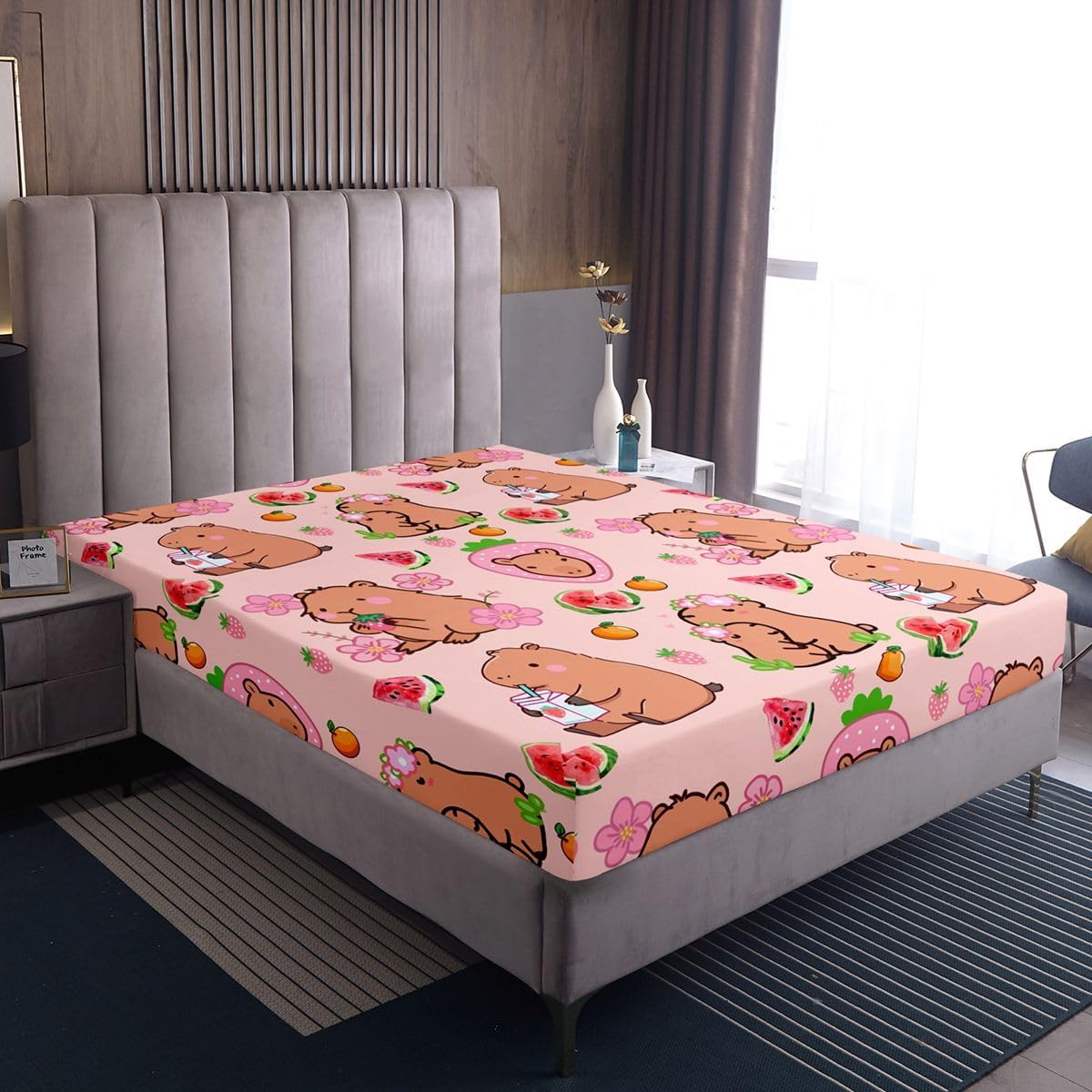 Capybara Lover Fitted Sheet, Capybara Decor Bedding Set Queen for Kids Girls Bedroom, Cartoon Rodent Animal Bed Sheets Capybara Decorations Watermelon Strawberry Sheets Kawaii Decor,Pink