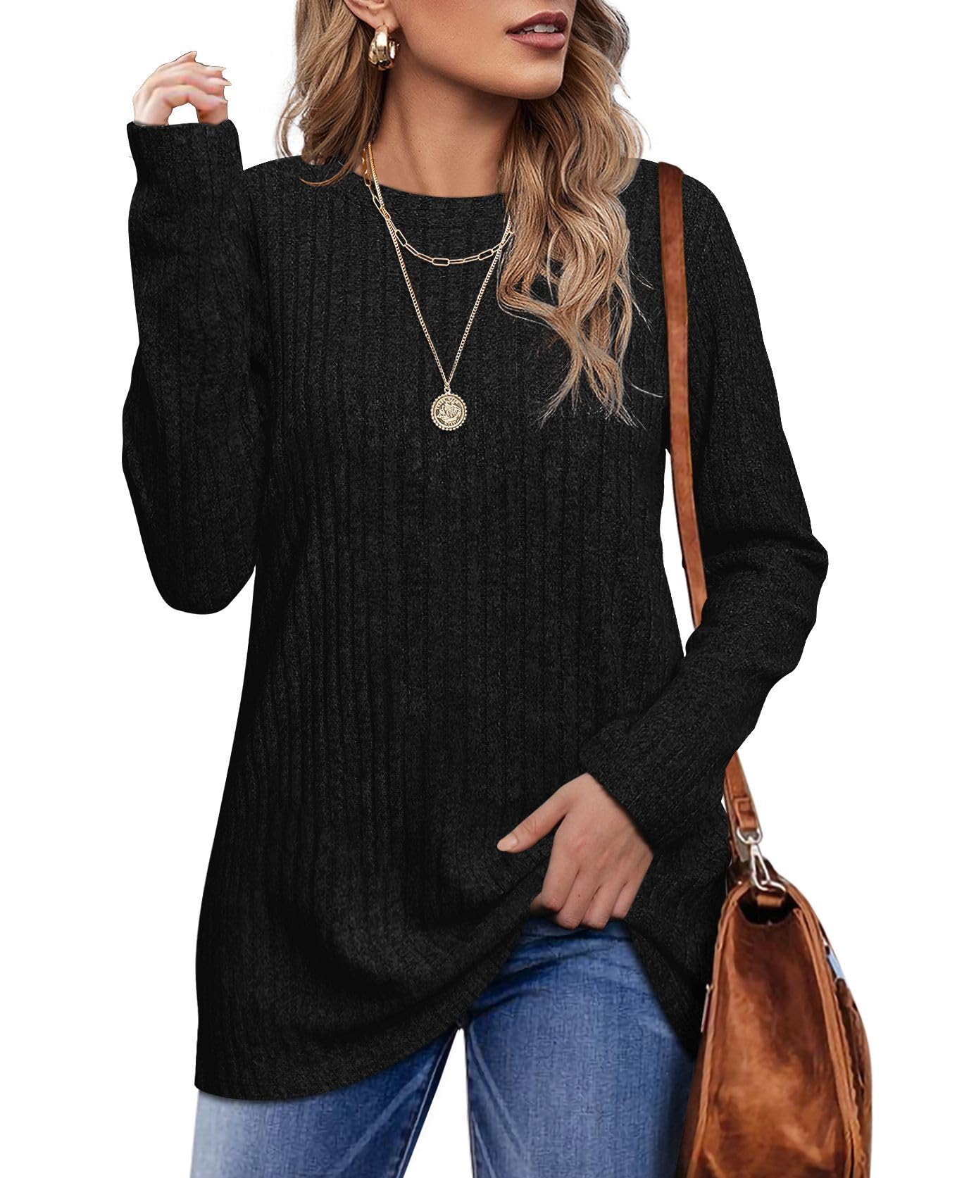 OFEEFAN Long Sleeve Shirts for Women Loose Fit Crew Neck Tunic Tops Blouse Dressy Casual Fall Winter Clothes Outfits