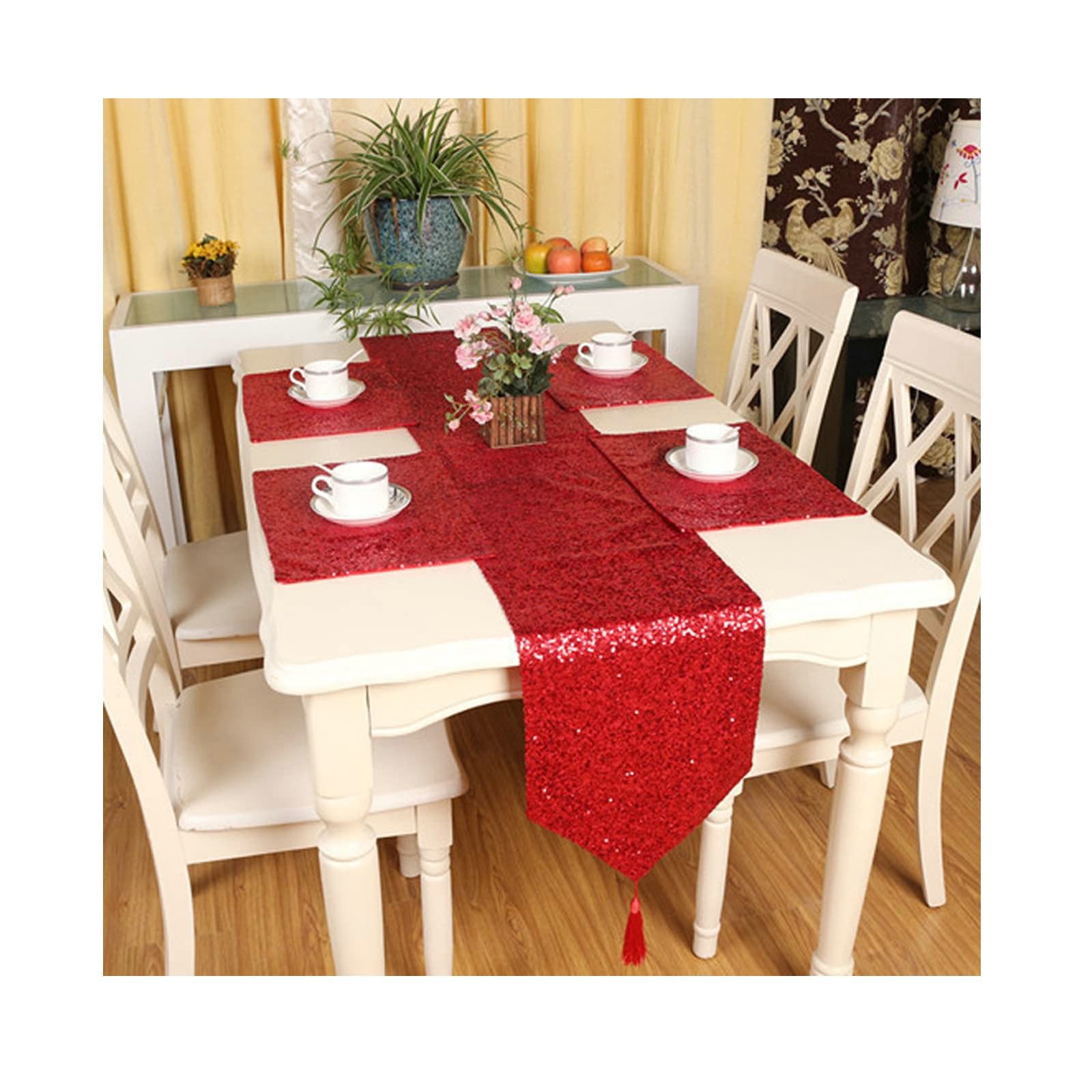 Chemin de table extérieur polyester rouge pailleté pour repas de jardin - 8