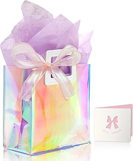 KeerxunBag 1 Pack Holographic Gift Bags with Handles & 2 Tissue Paper Sheets – Iridescent Transparent Reusable Bags for Women, Girls, Birthdays, Weddings,Purple Gift Bag