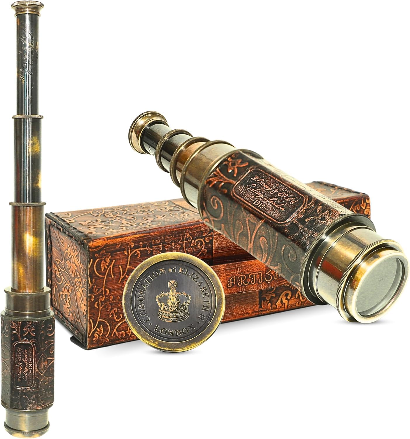 Brass Nautical Antique Working Telescope/Spyglass Replica in Leather Box Extendable to 25 inches, Made of Pure Brass, Decorative Scope with Glass Optics