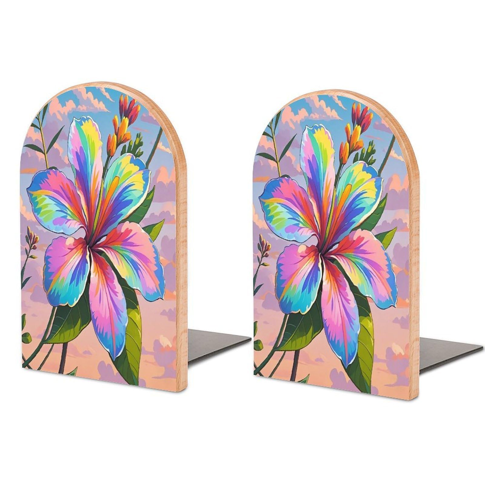 Eye-catching Hawaiian Flowers Bookend for Shelves Wooden Book End Sturdy Book Holders Stoppers with Metal Base for Bookshelves Slick Decorative Bookends Stands