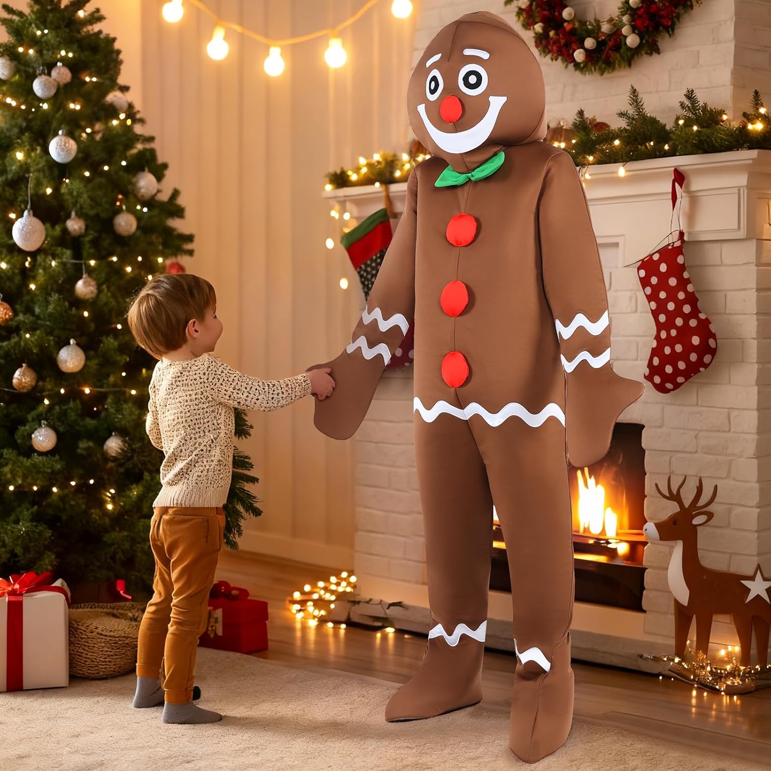 ADOMI 2 Pcs Christmas Gingerbread Man Costume Jumpsuit for Adults Men’s Xmas Cookie Outfit Onesie Holiday Cosplay Party - Image 5