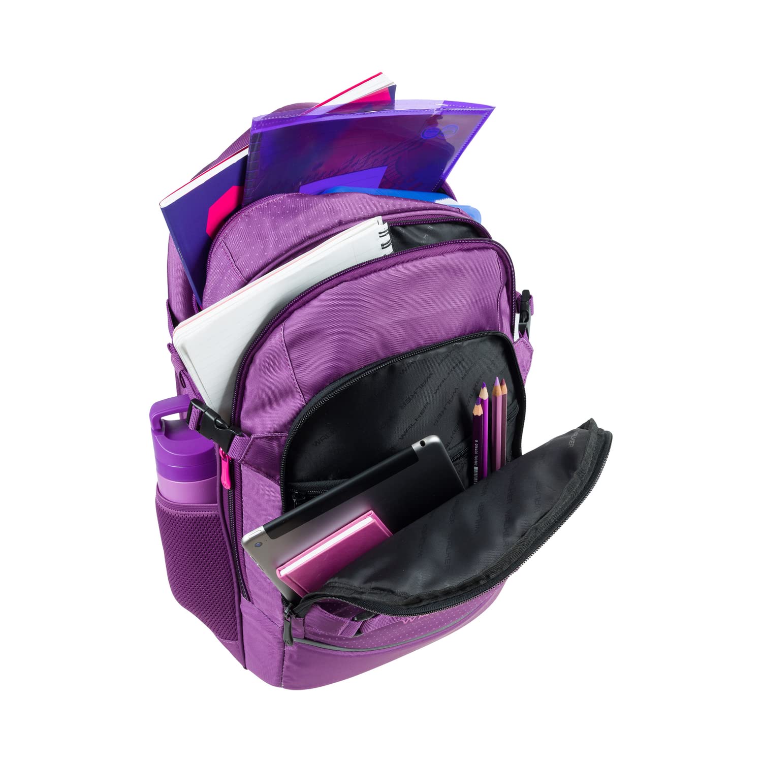 Walker Schulrucksack Fame 2.0 "Uni Plum" mit 2 Fächern, Vorderfach mit Organizer, Seitentaschen, Schultasche inkl. RückenPolsterung, verstellbarem Schulter und Brustgurt