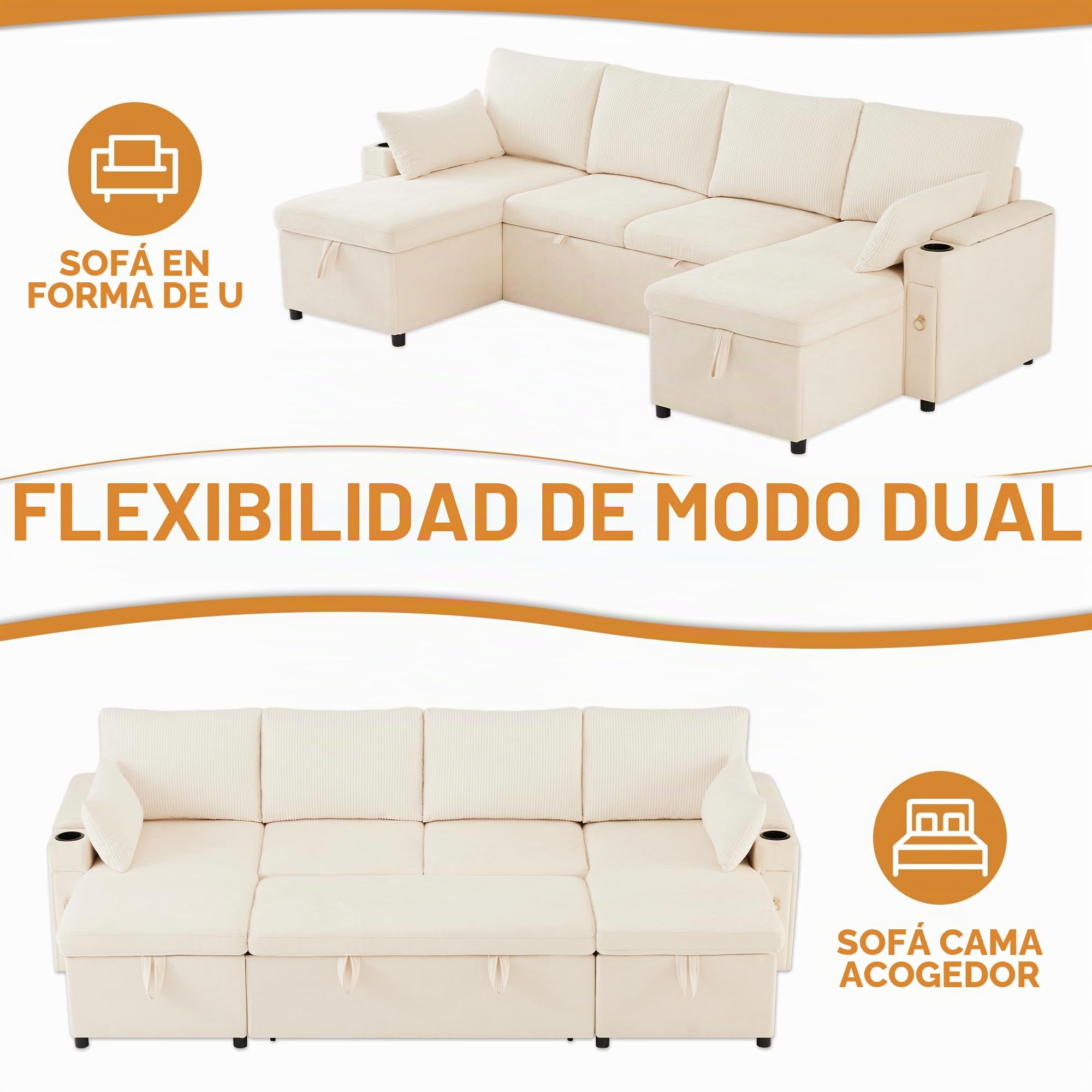 Sofá de esquina en forma de U de terciopelo acanalado con cama para invitados extraíble, sofá moderno de 4 plazas con compartimento de almacenamiento, portavasos y función de cama, asiento tipo chaise