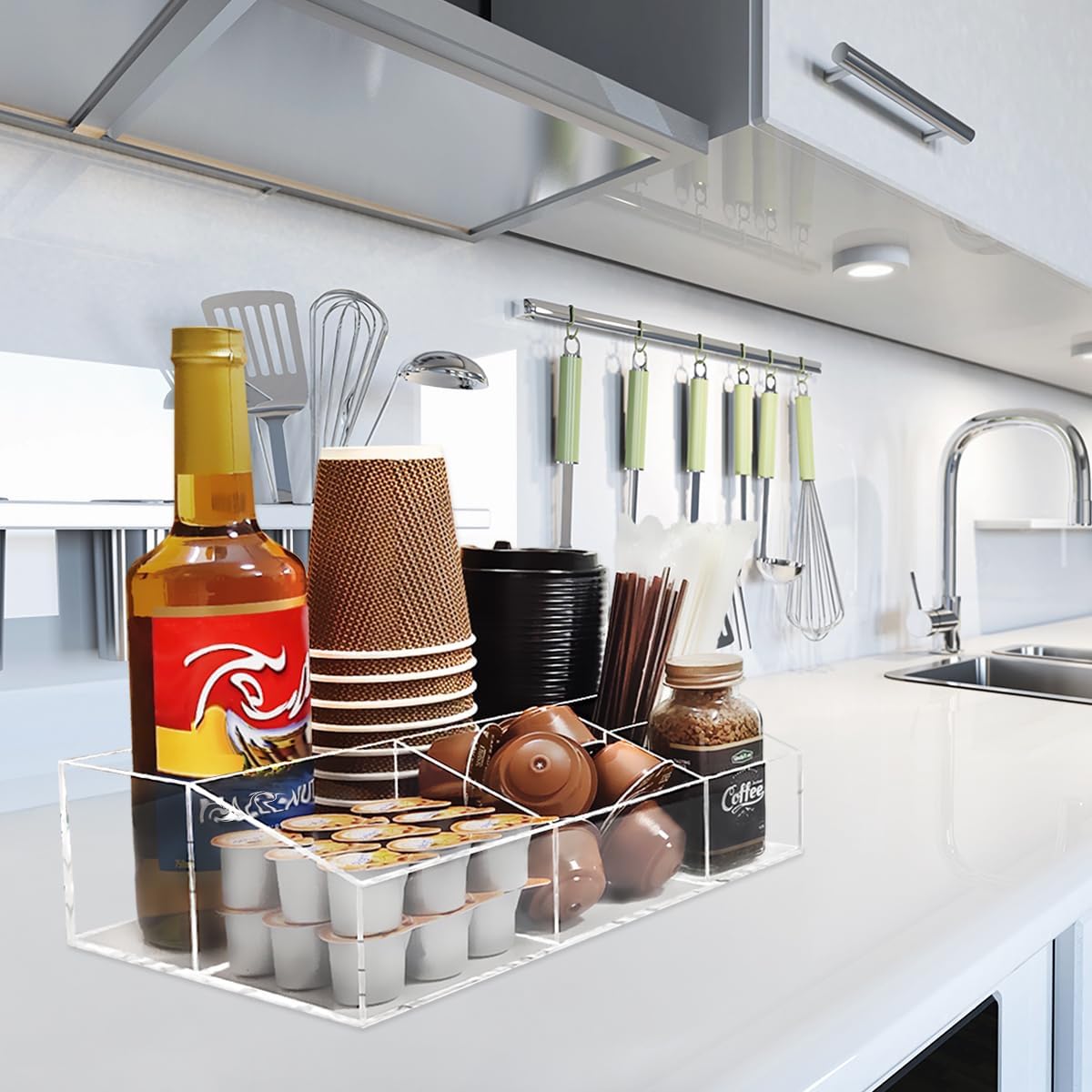 Acrylic Coffee Bar Station Organizer for Countertop, Office, Home Coffee K Cup Holder Holds Paper Cups, Condiments, Syrups, Creamer, Multi-Purpose Accessories Organizer