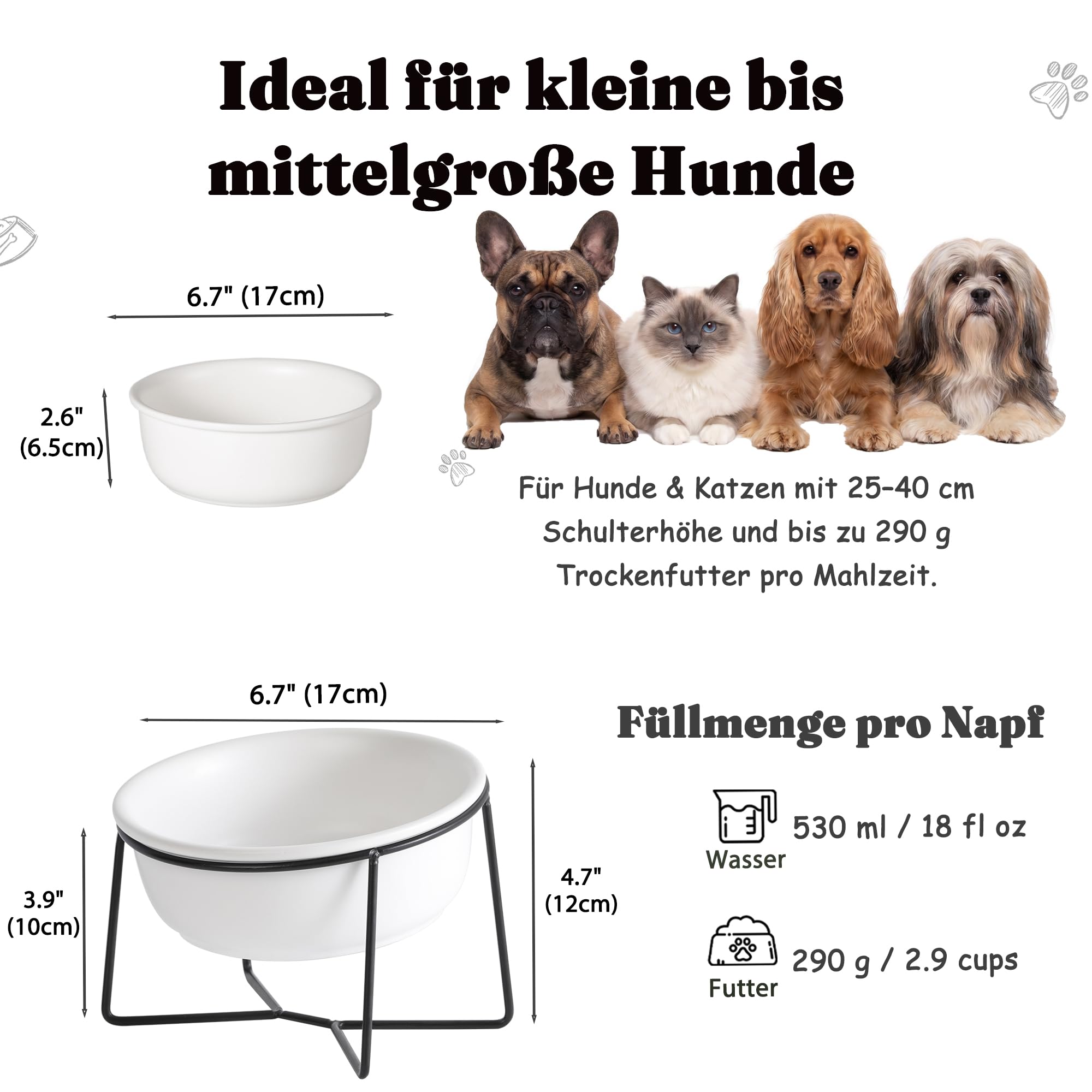 Keramiknapf Erhöht mit Ständer, Doppelnapf für Wasser und Futter, Geeignet für große Katzen und mittelgroße Hunde, 530 ml
