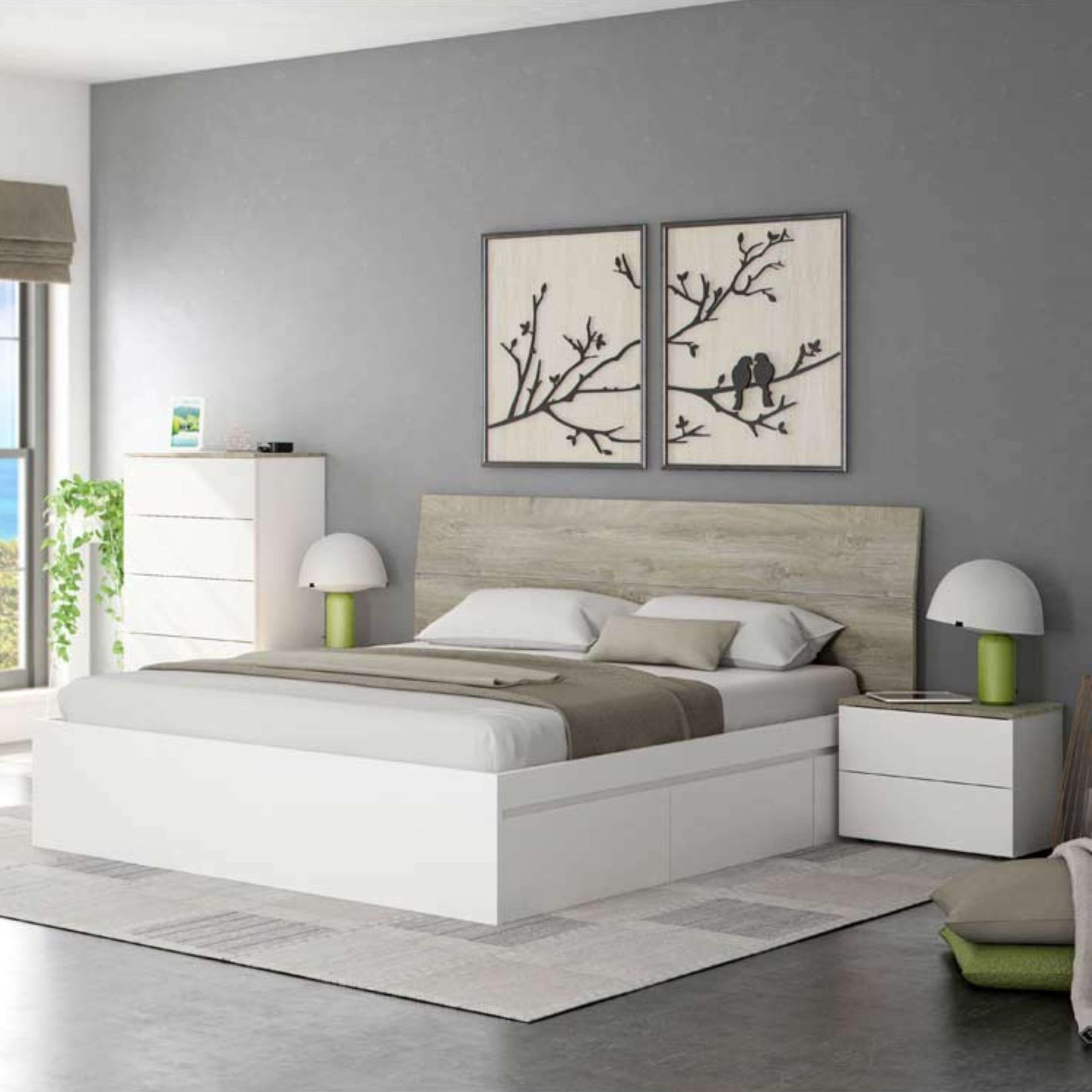 Habitdesign Cabezal y 2 Mesitas de Noche, Conjunto de Dormitorio de Matrimonio, Cama 135/150 cm, Estilo Nórdico, Color Blanco Artik y Roble Alaska, Modelo Dreams