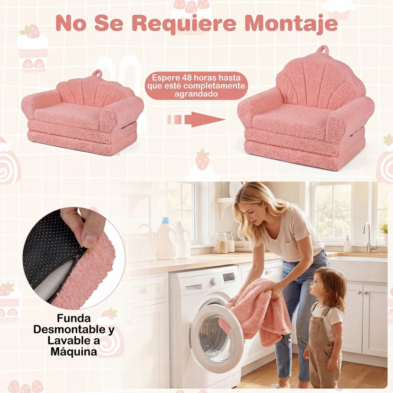 GOPLUS Sofá Plegable para Niños, Sofá Cama 2 en 1 con Funda de Forro Polar Lavable, Respaldo en Forma de Concha y Reposabrazos, Sillón Infantil de Espuma para Niños de 3+ Años (Rosa)