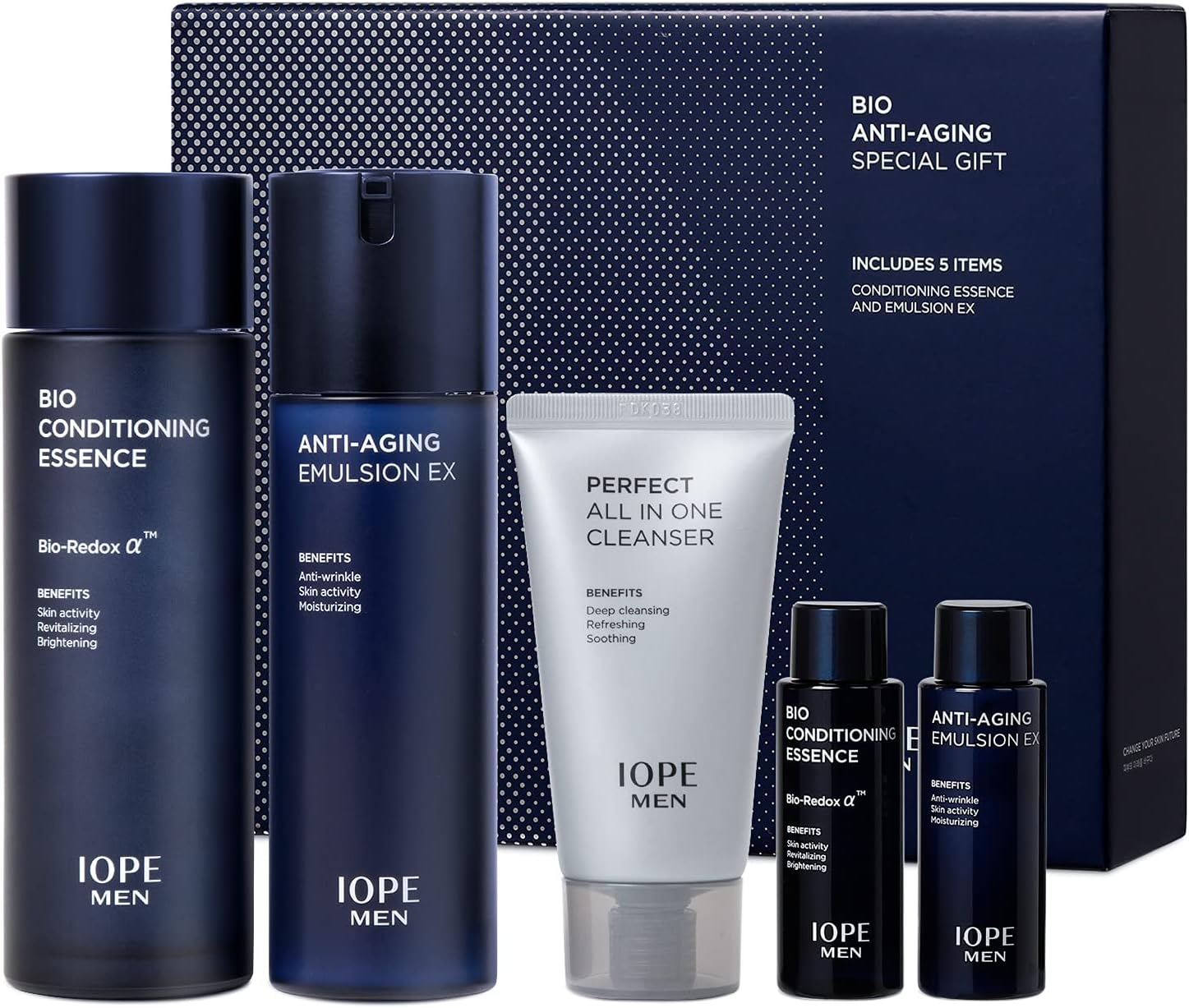 IOPE MEN BIO Anti-aging & Moisturizing Set, Cleanser, Emulsion, Conditioning Essence Serum and Soothing Aftershave, HOMME Korean Skincare by Amorepacific