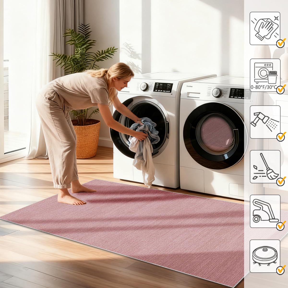Teppich Läufer Teppichläufer Flur Läufer Teppich Rutschfester Waschbarer Teppich für Küche Läufer Schlafzimmer Bodenteppich für Flur Furteppich Läufer Lang Küchenteppich Rosenrosa 40 x 250cm