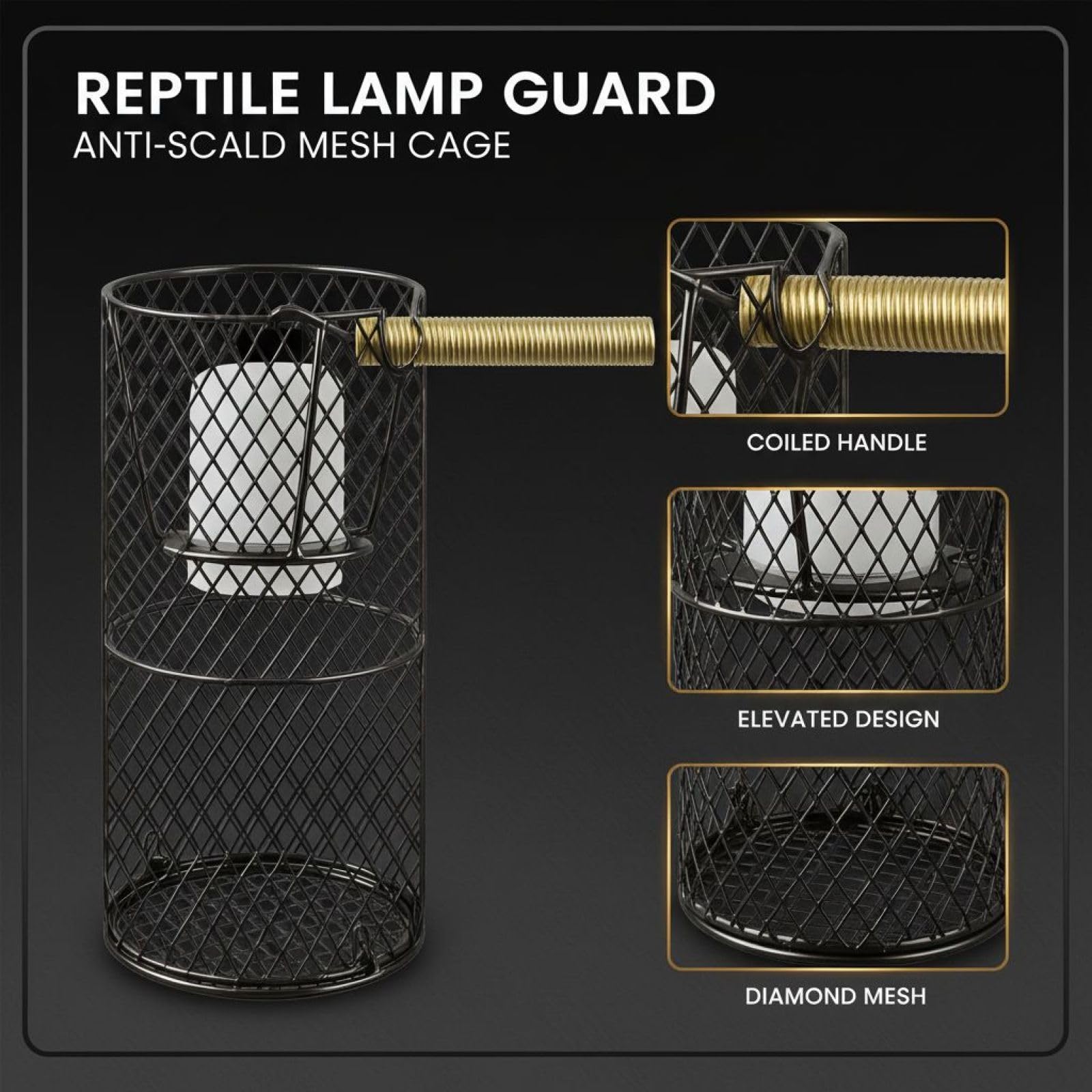 Protezione per lampada termica per rettili in ferro nero, gabbia in rete rialzata anti-scottatura, 20,6 x 9,9 cm, 20,5 x 10 cm, con struttura a lunga durata, facile installazione, superba dissipazione