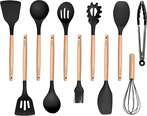 Miniatura 1 de Juego de utensilios de cocina de silicona, juego de 11 utensilios de cocina para cocinar, juego de espátulas sin BPA con asas de madera resistentes