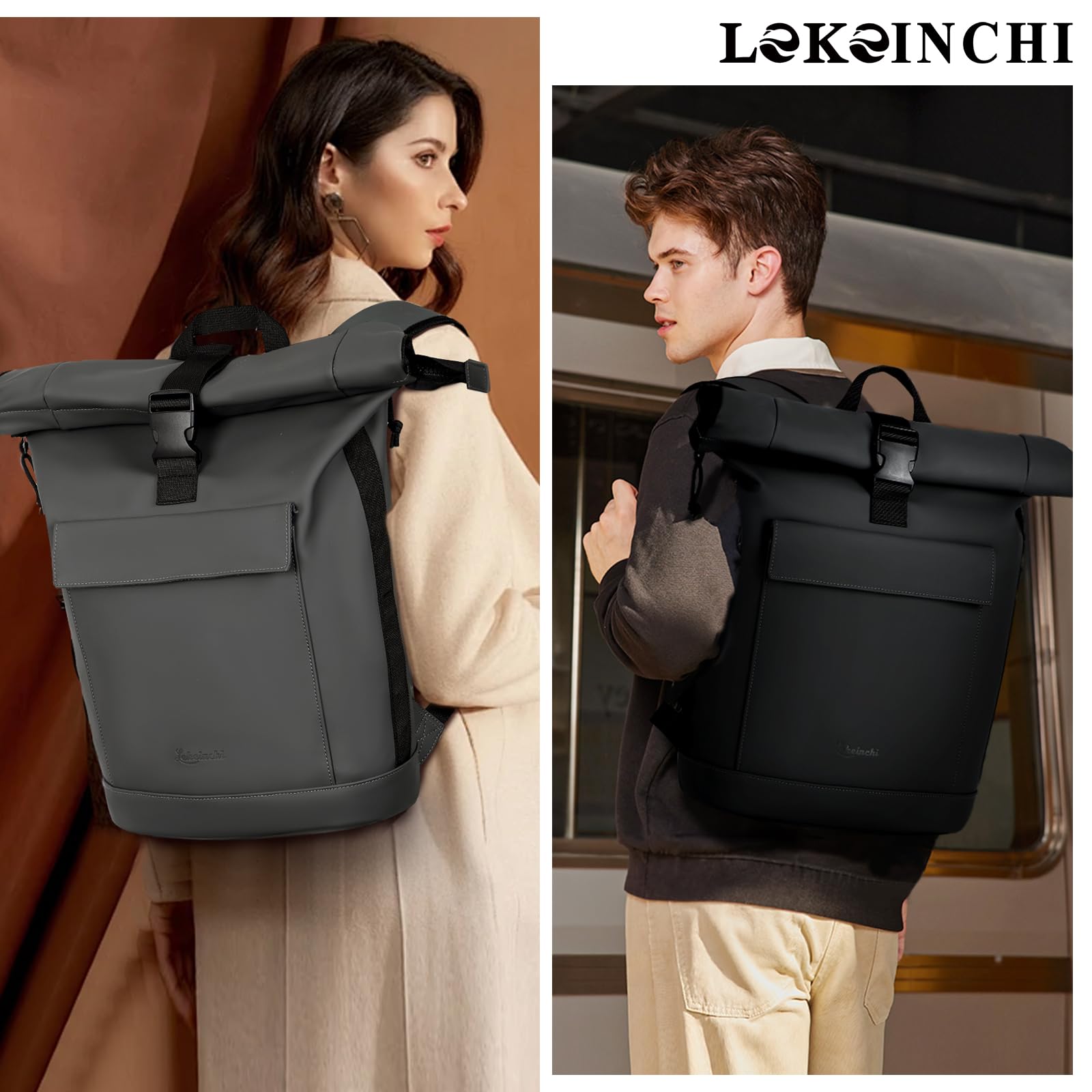 Lekeinchi Zaino Rolltop Donna Uomo per 17" Laptop Impermeabile Elegante | Arrotolato Borsa,Espandibile Backpack, Viaggio, Scuola, Università, Lavoro