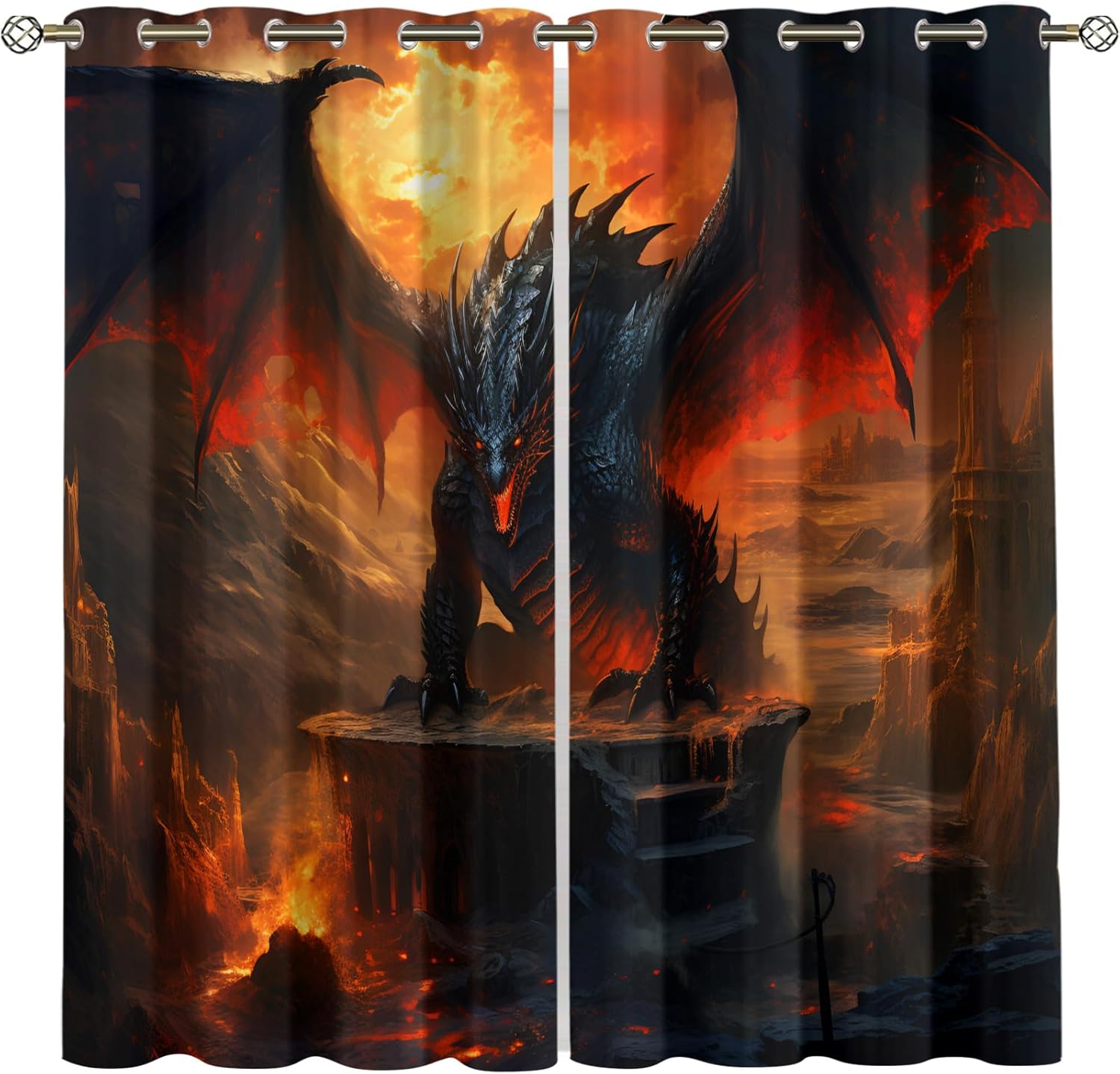 Ancient Flying Dragon Window Treatments 63 inch Long, Mythology Animal Blackout Curtains for Bedroom, Boys Teens Drapes 2 Panels Set, Grommet Thermal Curtains for Kitchen, Dragon Home Decor