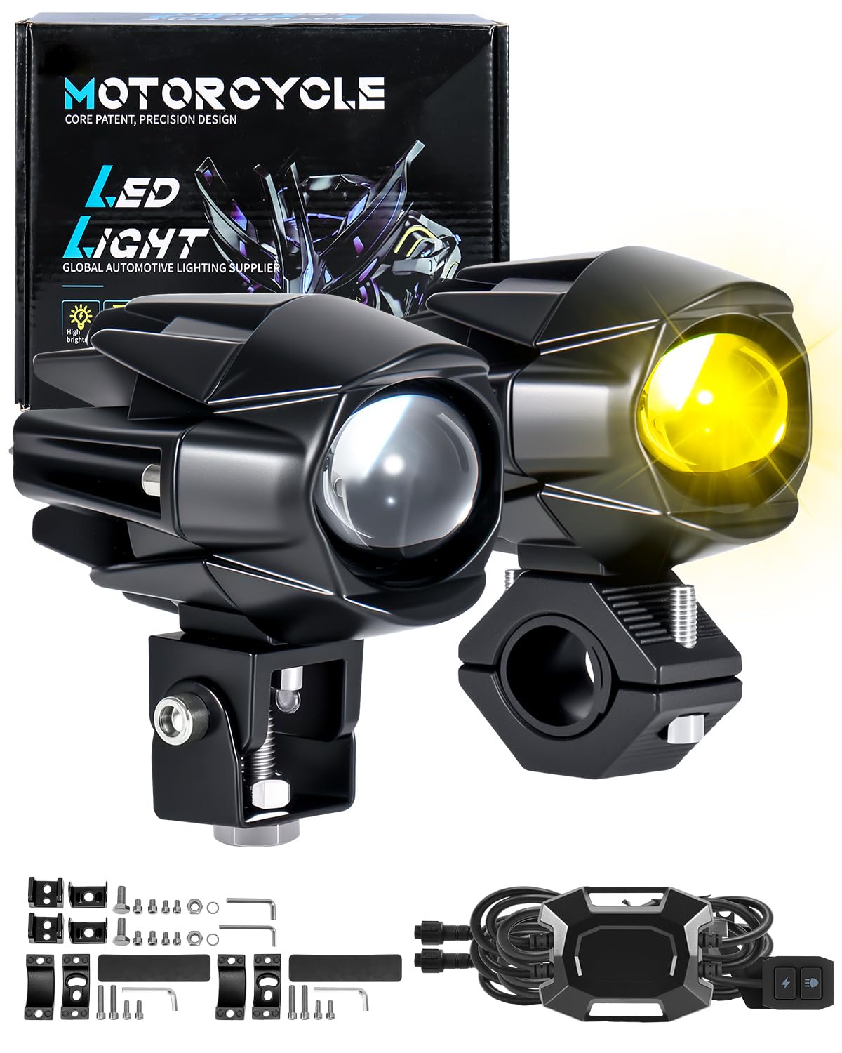 Dinfu 60W Faros para Luz Delantera de Motocicleta, 9v -60v ronda LED faros antiniebla IP67 5 patrones de flash con arnés y 2 soportes de montaje para moto ATV UTV dirt bike 4x4 camioneta