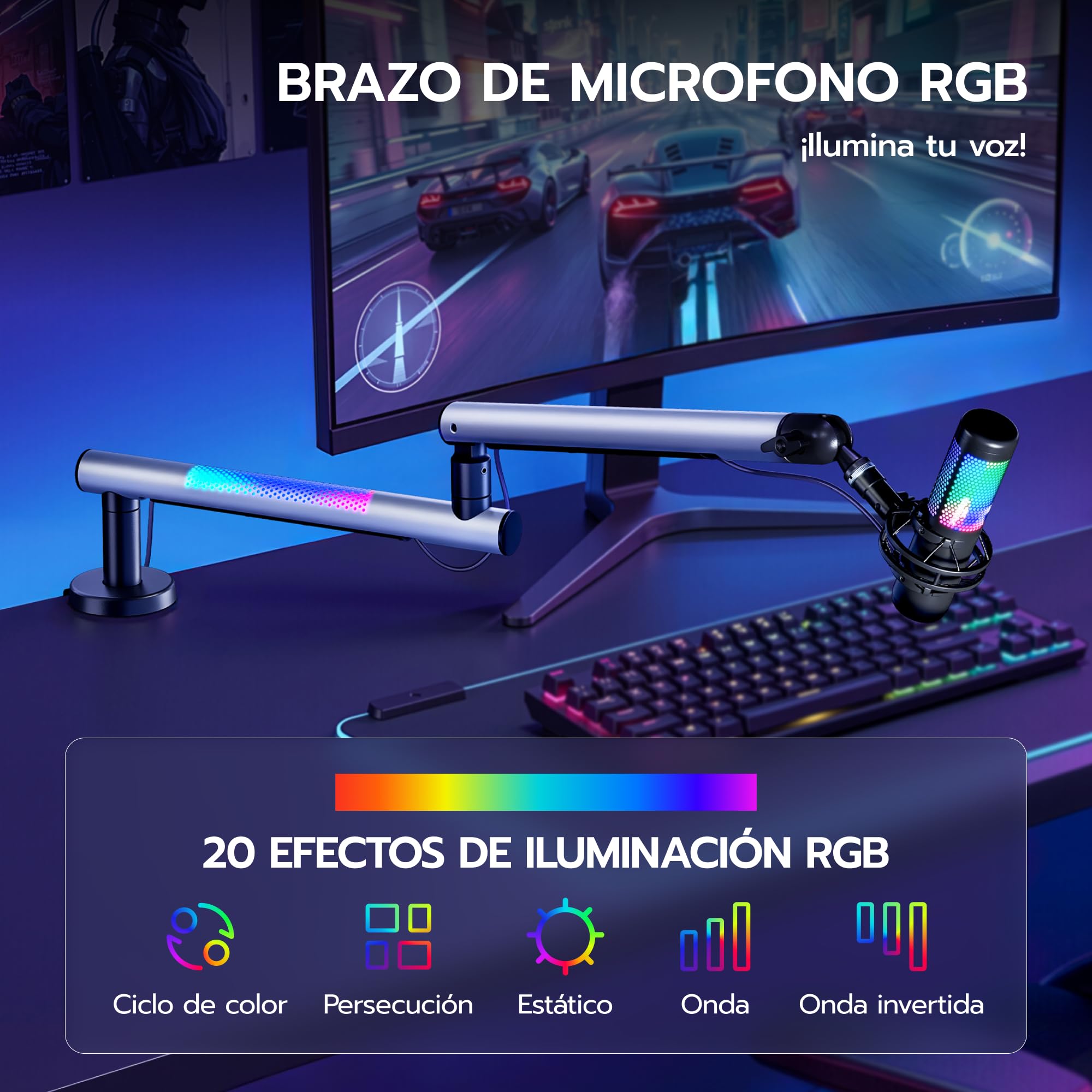 ARES WING Brazo de micrófono para videojuegos con luz RGB | soporte para micrófono con brazo giratorio giratorio de 360°, compatible con adaptador de 3/8" a 5/8", ideal para podcast