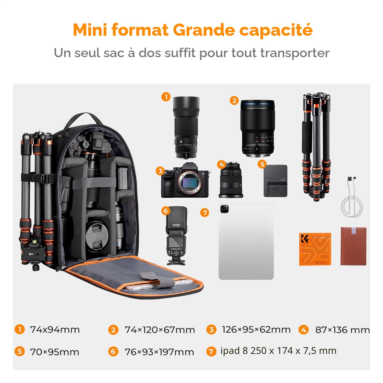 K&F CONCEPT Sac appareil photo, Sac à dos compact et résistant à l'eau pour appareil photo reflex, objectifs, tablettes, trépieds et accessoires photographiques