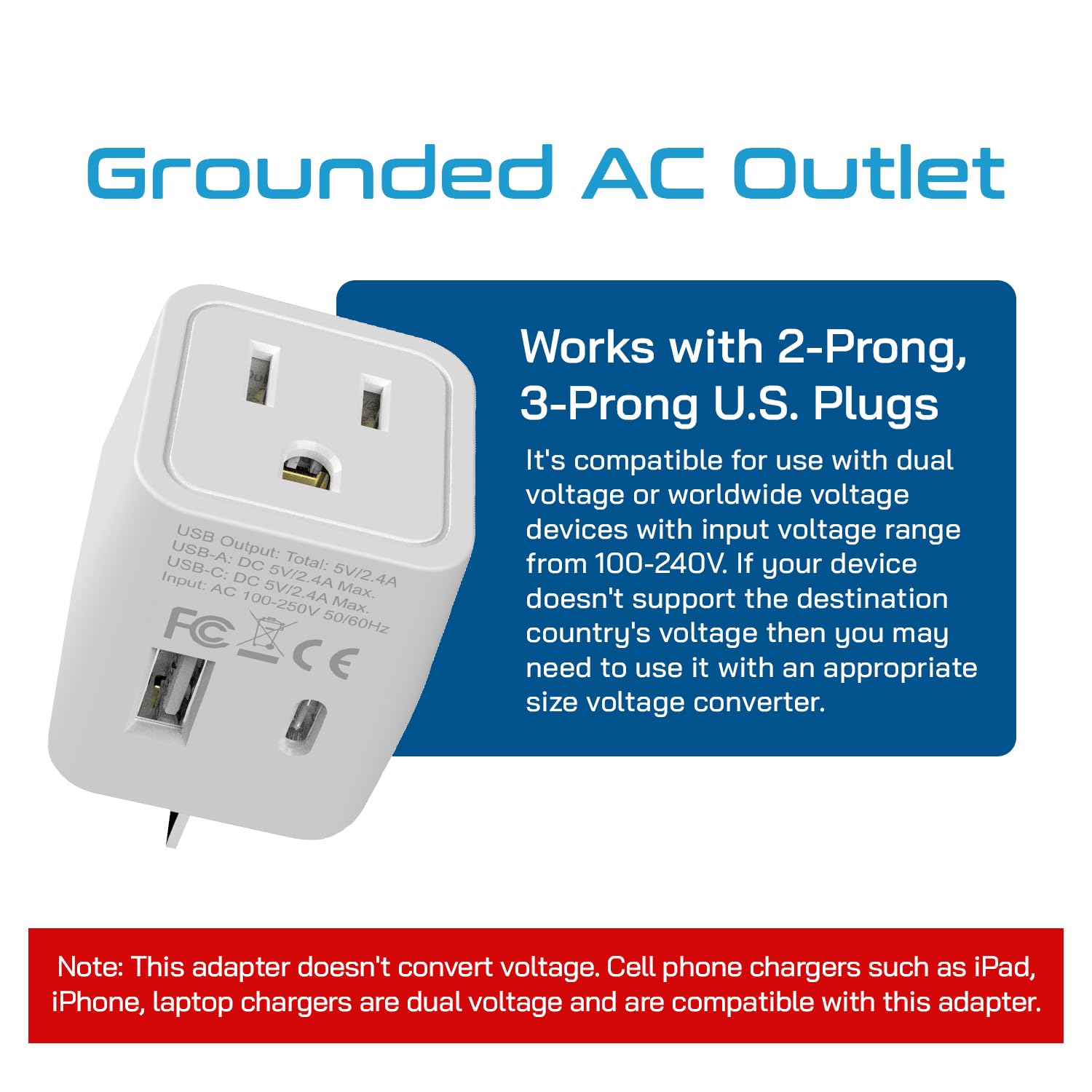 Ceptics USA au Japon, Philippines Adaptateur de Voyage Prise avec Double USB – Type A – Ultra Compact
