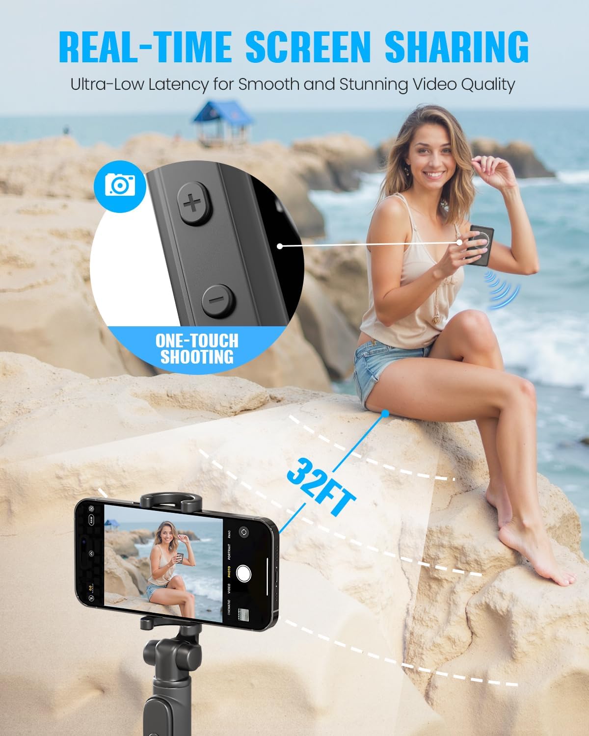 Vlog Selfie Monitor Screen, Wireless 4K 60fps/1080p Magnetic Phone Selfie Screen, Back Camera Monitor Built-in Speaker for Vlog Live Stream TikTok, Compatible with iPhone (Black)