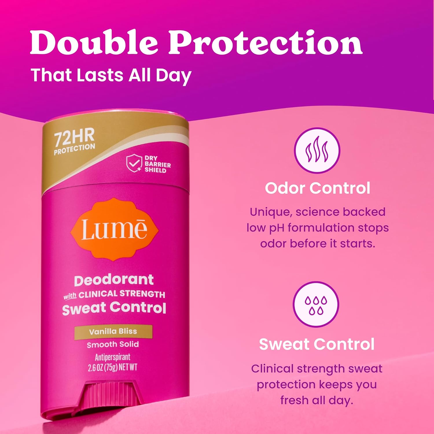 Lume Deodorant Plus Sweat Control - Smooth Solid Stick - Maximum Strength Antiperspirant - 72 Hour Odor And Sweat Control - Baking Soda Free, Skin Loving - 2.6 ounce (Vanilla Bliss) Pack of 2