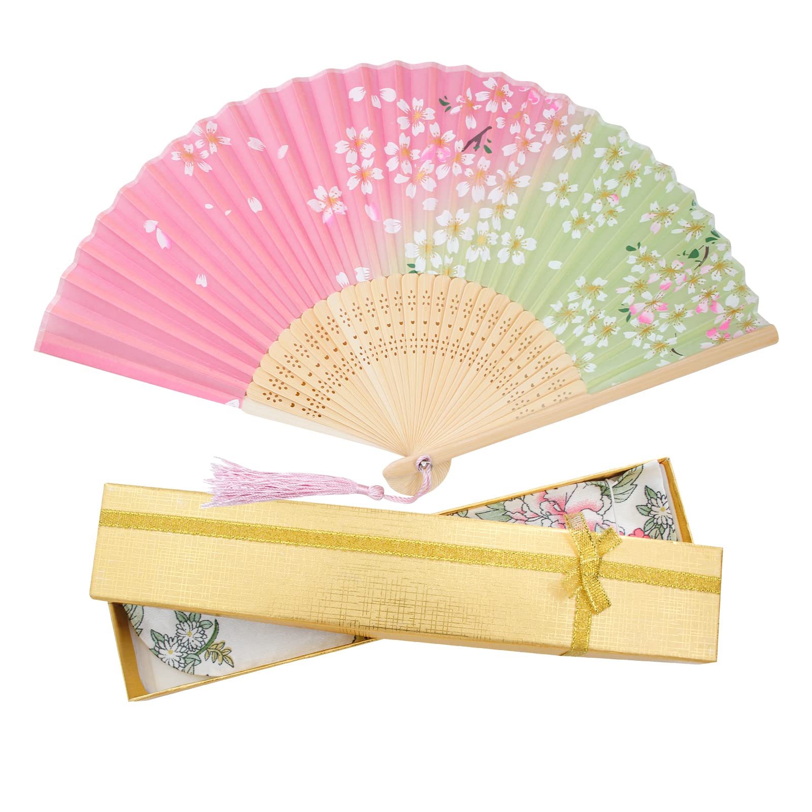 Boshiho Sensu Silk Folding Fan Cherry Blossom Butterfly Pink With Bag