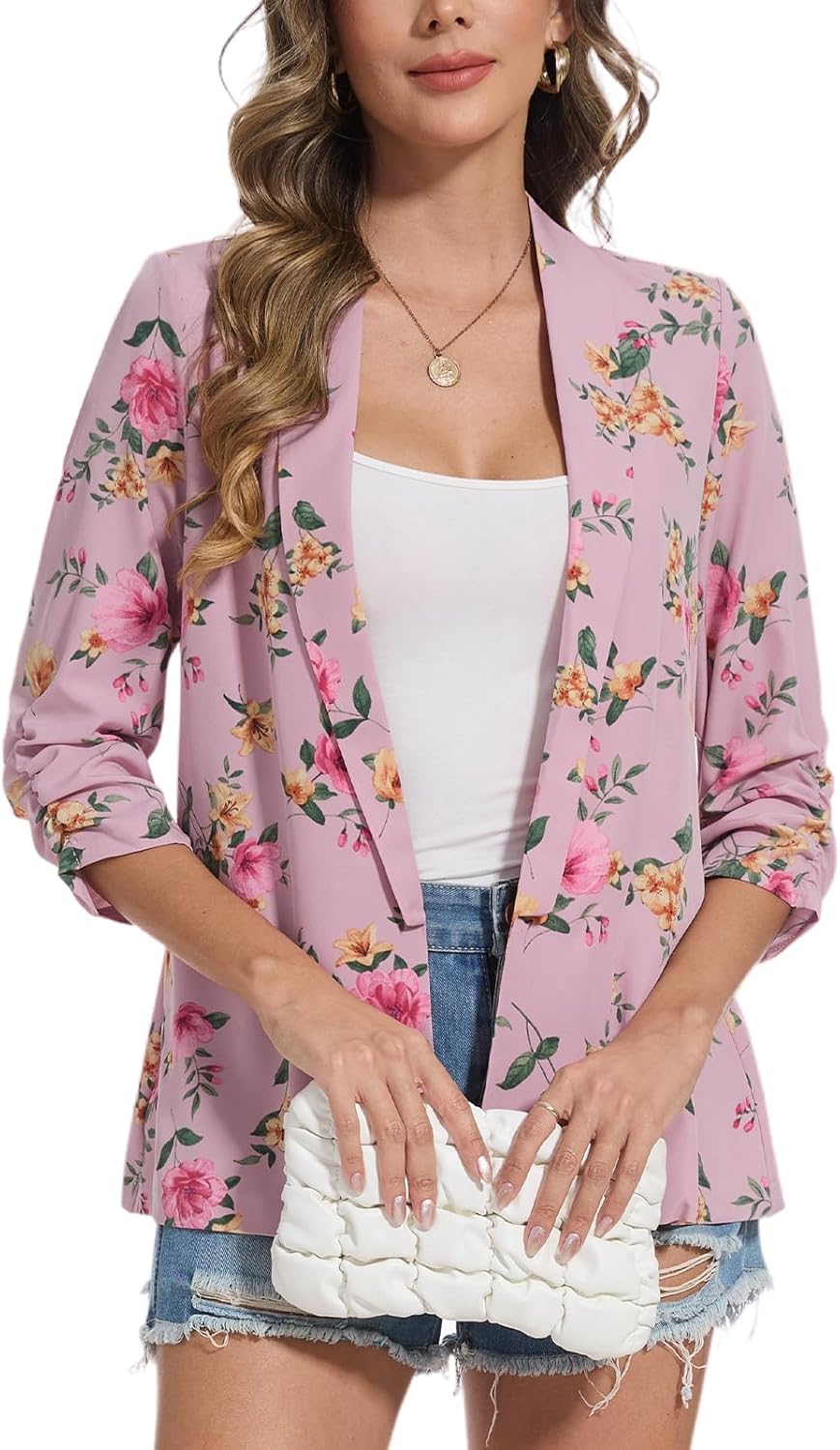 MINTLIMIT Chiffon Blazers for Women Dressy Shawl Collar Blazer Jacket Open Front Casual Fitted Suit Jackets(Floral Pink, M) - Image 2