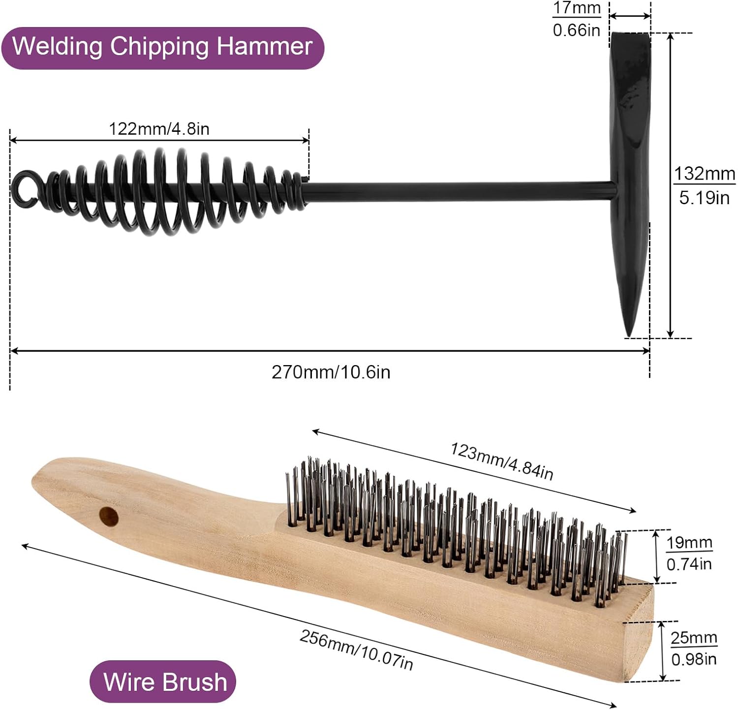 Welding Chipping Hammer with Coil Spring Handle for Welding, Cone and Vertical Chisel, with Wire Brush (2pcs Welding Chipping Hammer with 1pc 10"" Wire Brush)