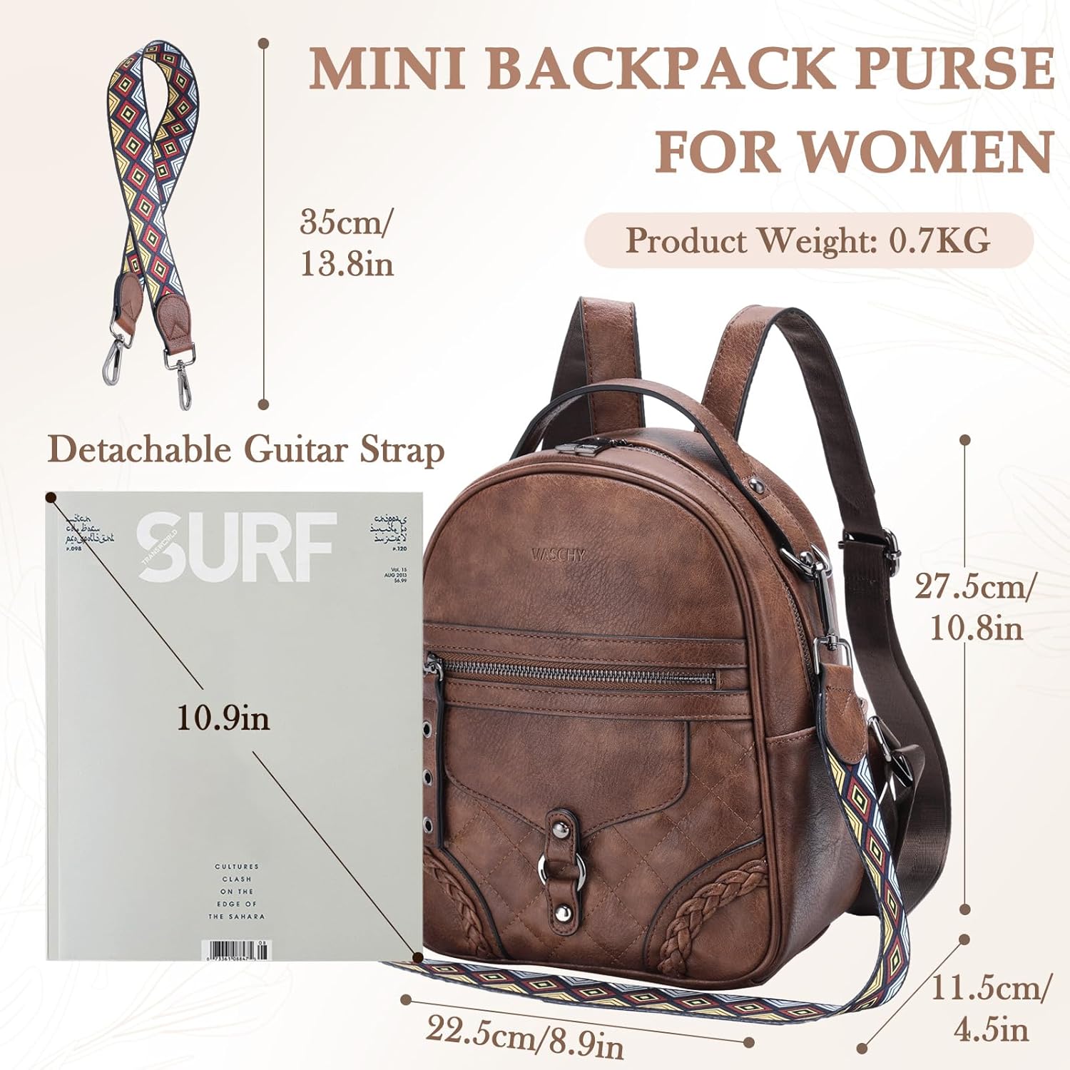 VASCHY Small Backpack Purse for Women, Cute Vegen Leather Mini Backpack for Lady with Guitar Shoulder Bag Handbag Strap Brown - Image 2