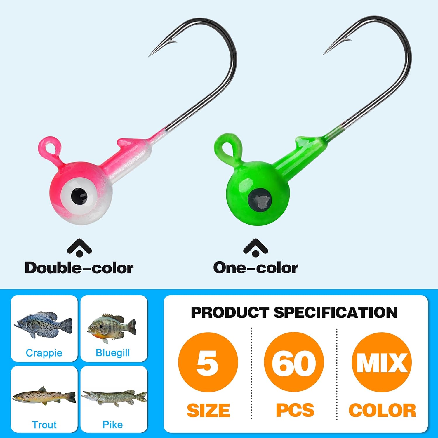 OROOTL Fishing Jig Heads Hooks Set, 60pcs Assorted Round Jig Head with 3D Eyes Painted Jig Heads for Crappie Bass Walleye 3/8oz 1/4oz 1/8oz 1/16oz 1/32oz Saltwater Freshwater Fishing Tackle Kit
