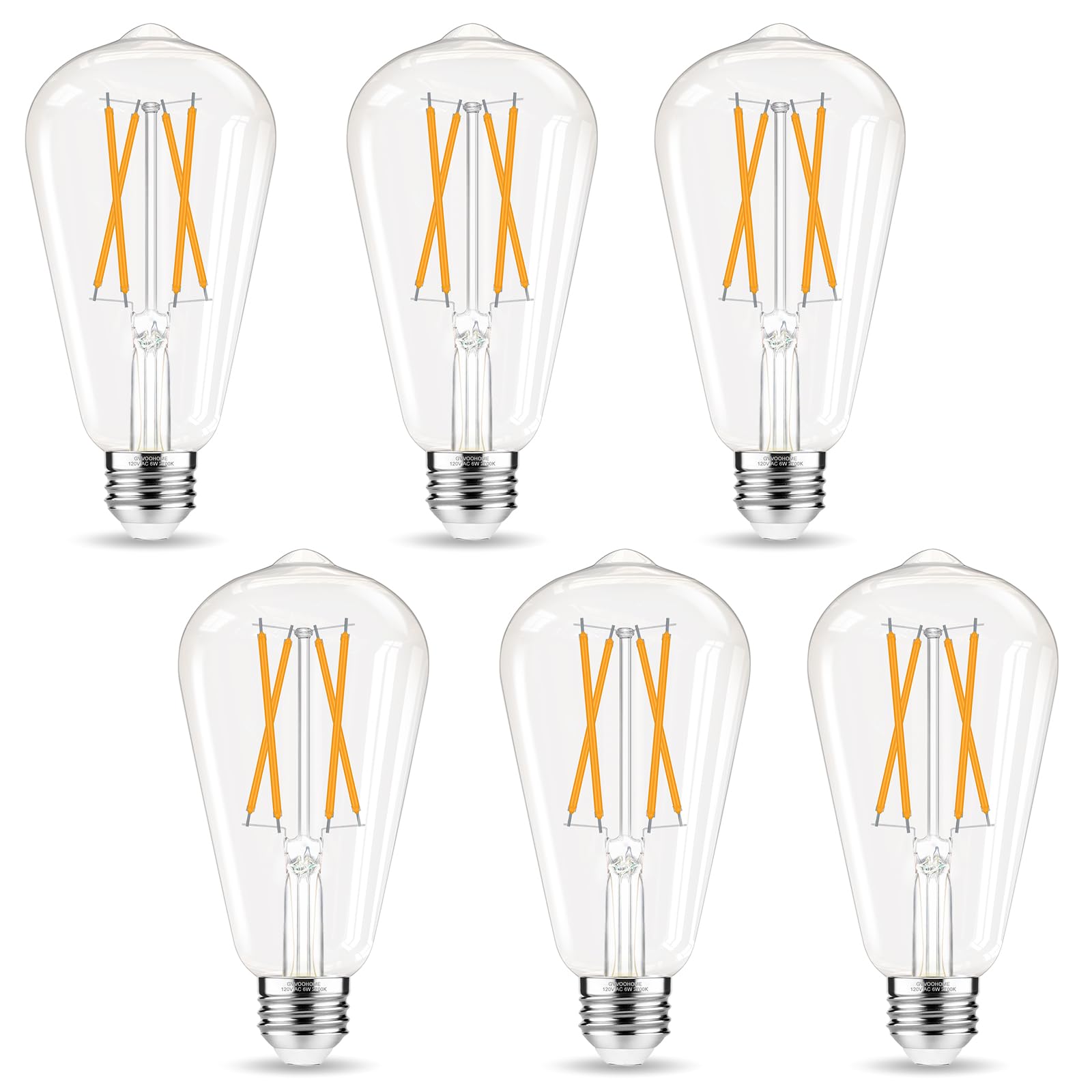 GvvooHome Bombillas Edison, bombilla LED E26 equivalente a 60 W, no regulable, 2700 K blanco cálido, bombillas vintage ST58, CRI 90+, base media E26, vidrio transparente, paquete de 6