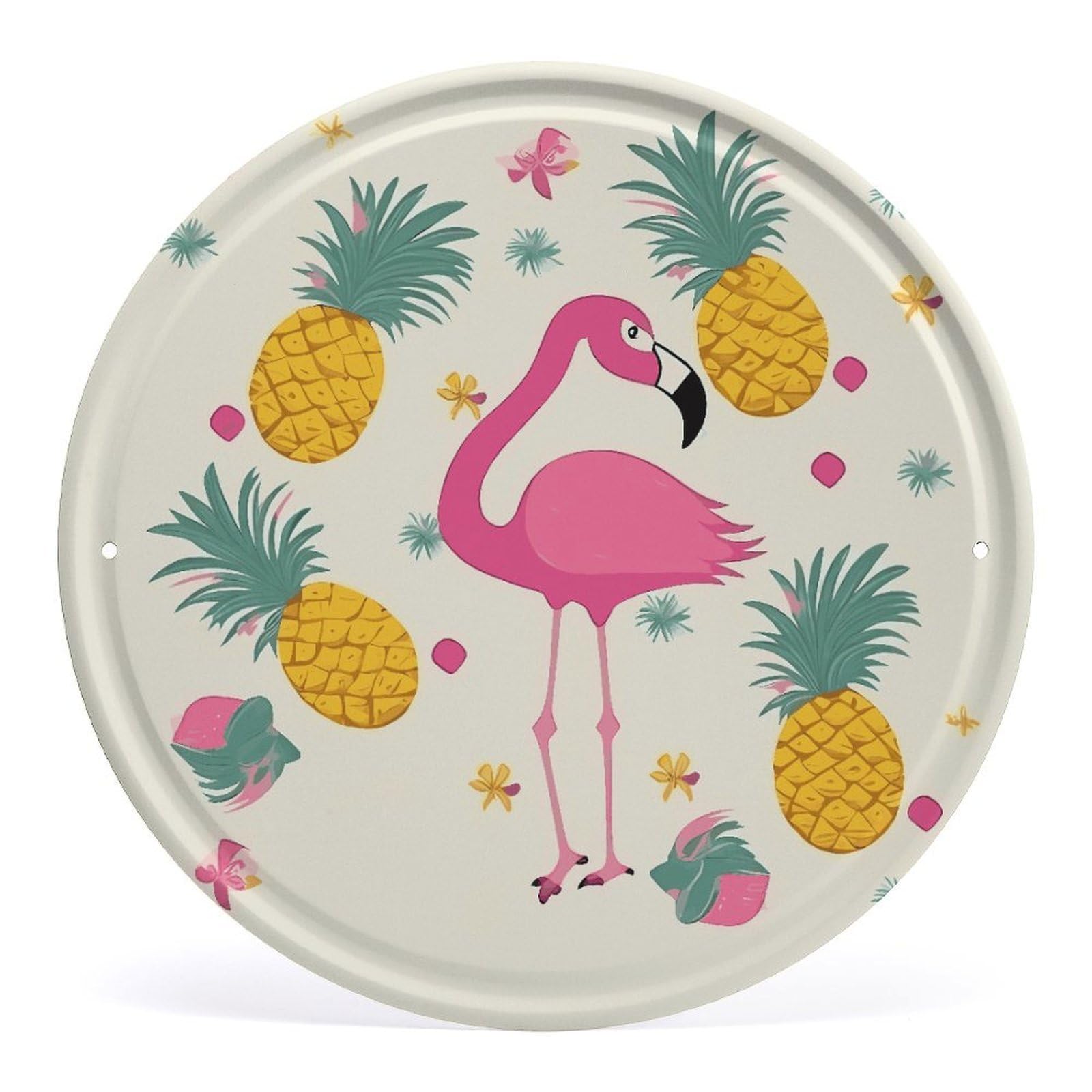 Fodpand Style Flamingo And Pineapple Round Wall Art Hanging Decorations, Wall Decor Modern Minimalist Artwork, Tin Sign Hanging Picture For Living Room, Bedroom, Office, Hallway, 11.8X11.8 Inch