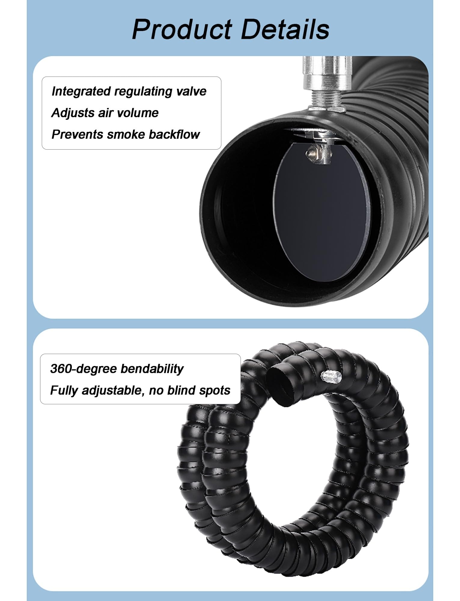 Brazo extractor de humos industrial, manguera flexible de 2" y 3" con campana, ajustable 360° for aspiradoras industriales, soldadura y uso en laboratorio.(Black,50mm-200cm)